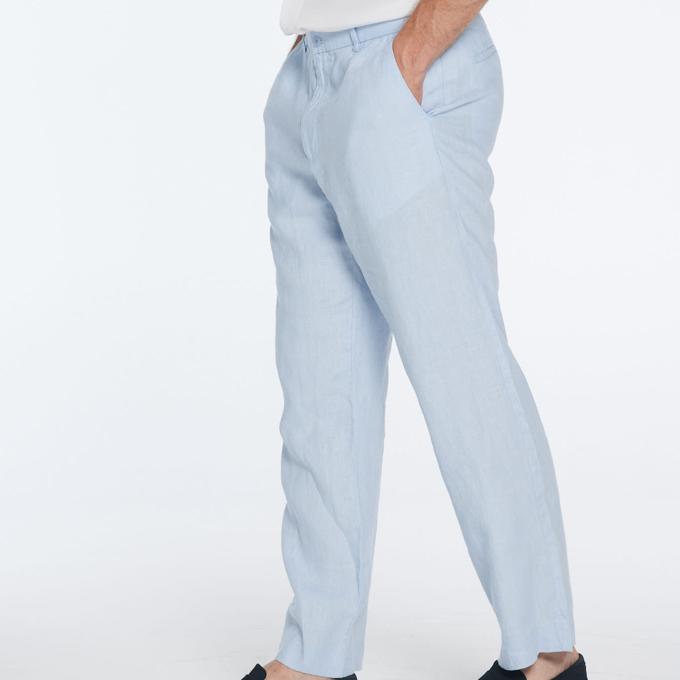 Adrian Baby Blue Linen Straight-Leg Pants | Moeva | Pants | Each week unveils new pieces—luxury swimwear, fluid resort silhouettes, and elevated summer-to-evening essentials designed to carry you from coastal escapes to city nights.