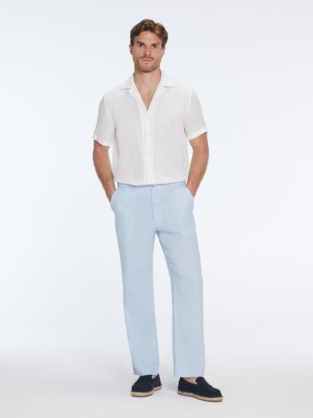 Adrian Baby Blue Linen Straight-Leg Pants | Moeva | Pants | Each week unveils new pieces—luxury swimwear, fluid resort silhouettes, and elevated summer-to-evening essentials designed to carry you from coastal escapes to city nights.