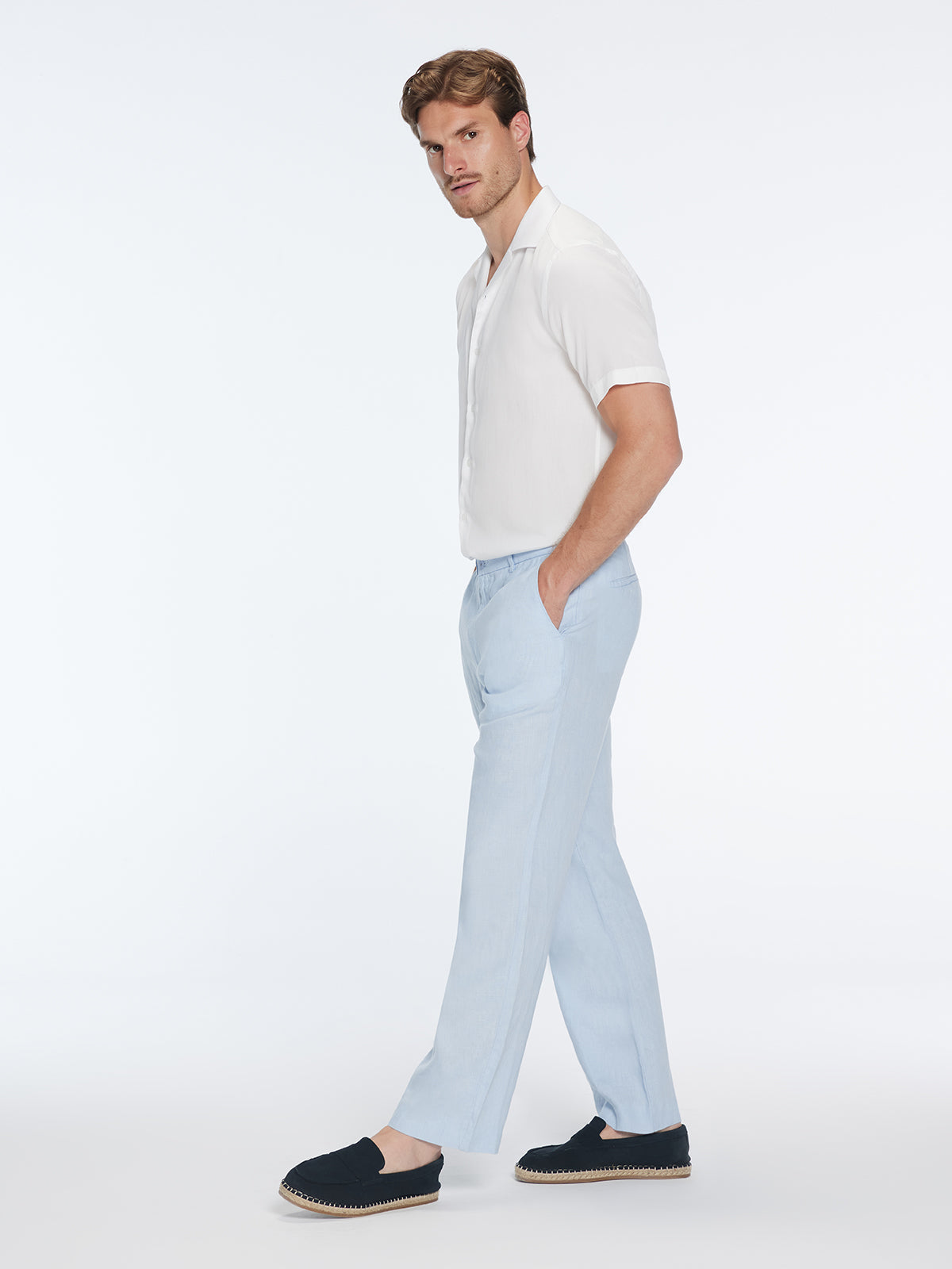 Adrian Baby Blue Linen Straight-Leg Pants | Moeva | Pants | Each week unveils new pieces—luxury swimwear, fluid resort silhouettes, and elevated summer-to-evening essentials designed to carry you from coastal escapes to city nights.