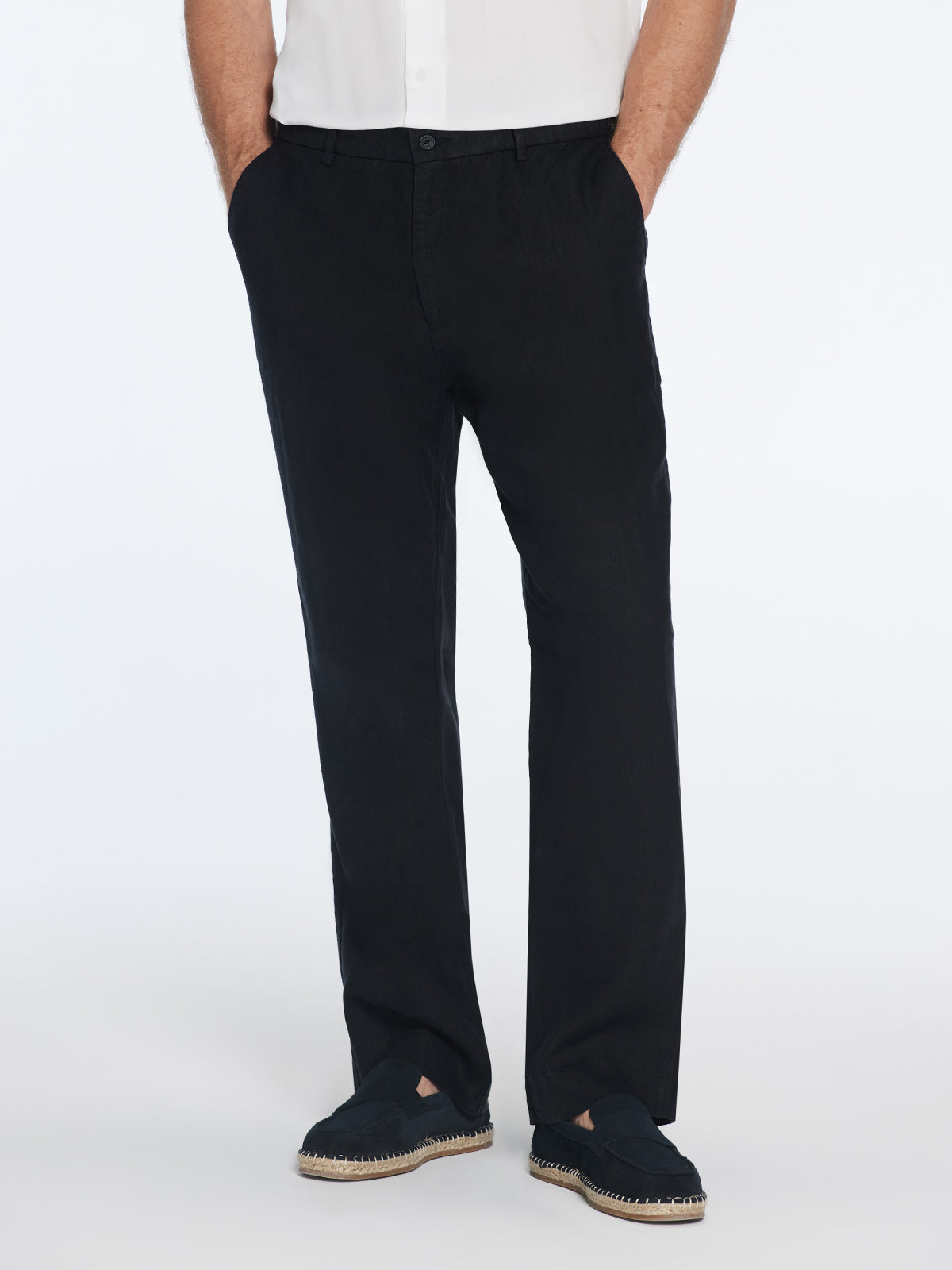 Adrian Black Linen Straight-Leg Pants | Moeva | Pants | Each week unveils new pieces—luxury swimwear, fluid resort silhouettes, and elevated summer-to-evening essentials designed to carry you from coastal escapes to city nights.