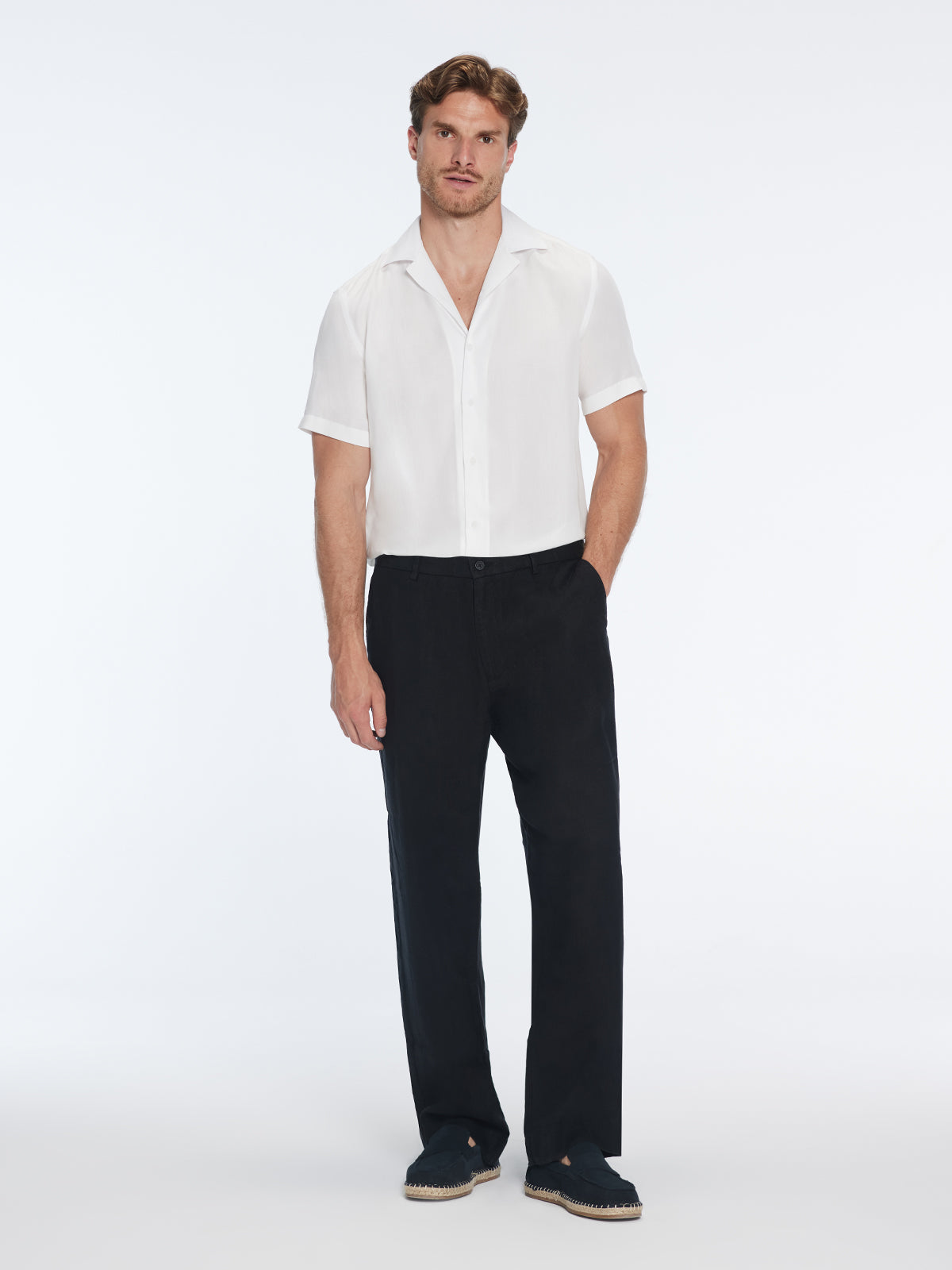 Adrian Black Linen Straight-Leg Pants | Moeva | Pants | Each week unveils new pieces—luxury swimwear, fluid resort silhouettes, and elevated summer-to-evening essentials designed to carry you from coastal escapes to city nights.