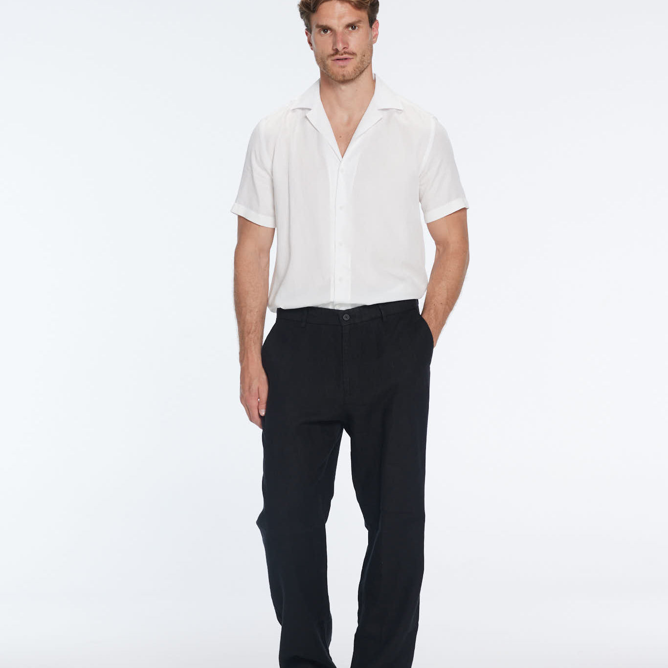 Adrian Black Linen Straight-Leg Pants | Moeva | Pants | Each week unveils new pieces—luxury swimwear, fluid resort silhouettes, and elevated summer-to-evening essentials designed to carry you from coastal escapes to city nights.