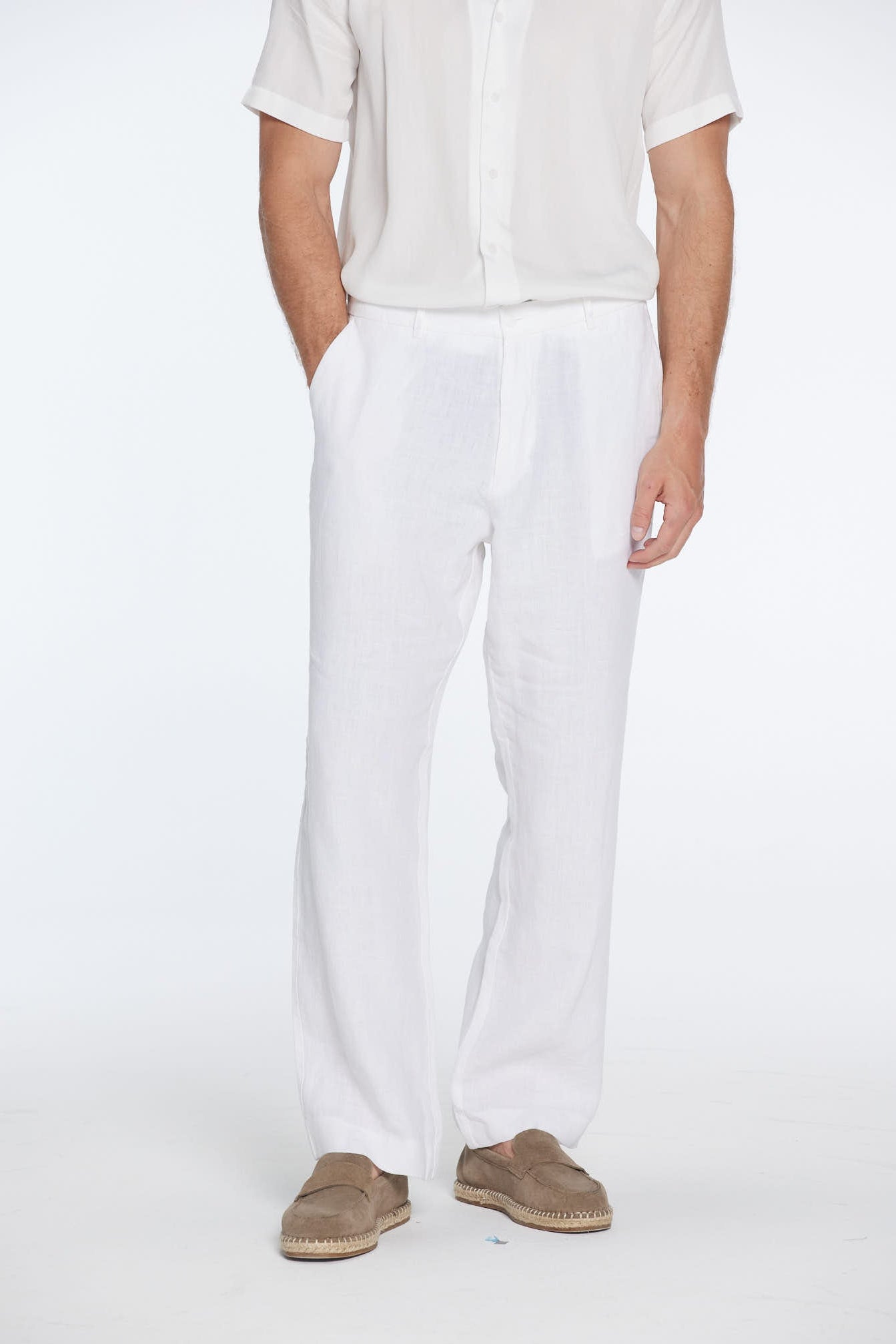 Andres Rasmussen - Harry White Linen Shirt with Spread Collar And Adrian Linen Straight-Leg Pants | Moeva | Set | Each week unveils new pieces—luxury swimwear, fluid resort silhouettes, and elevated summer-to-evening essentials designed to carry you from coastal escapes to city nights.