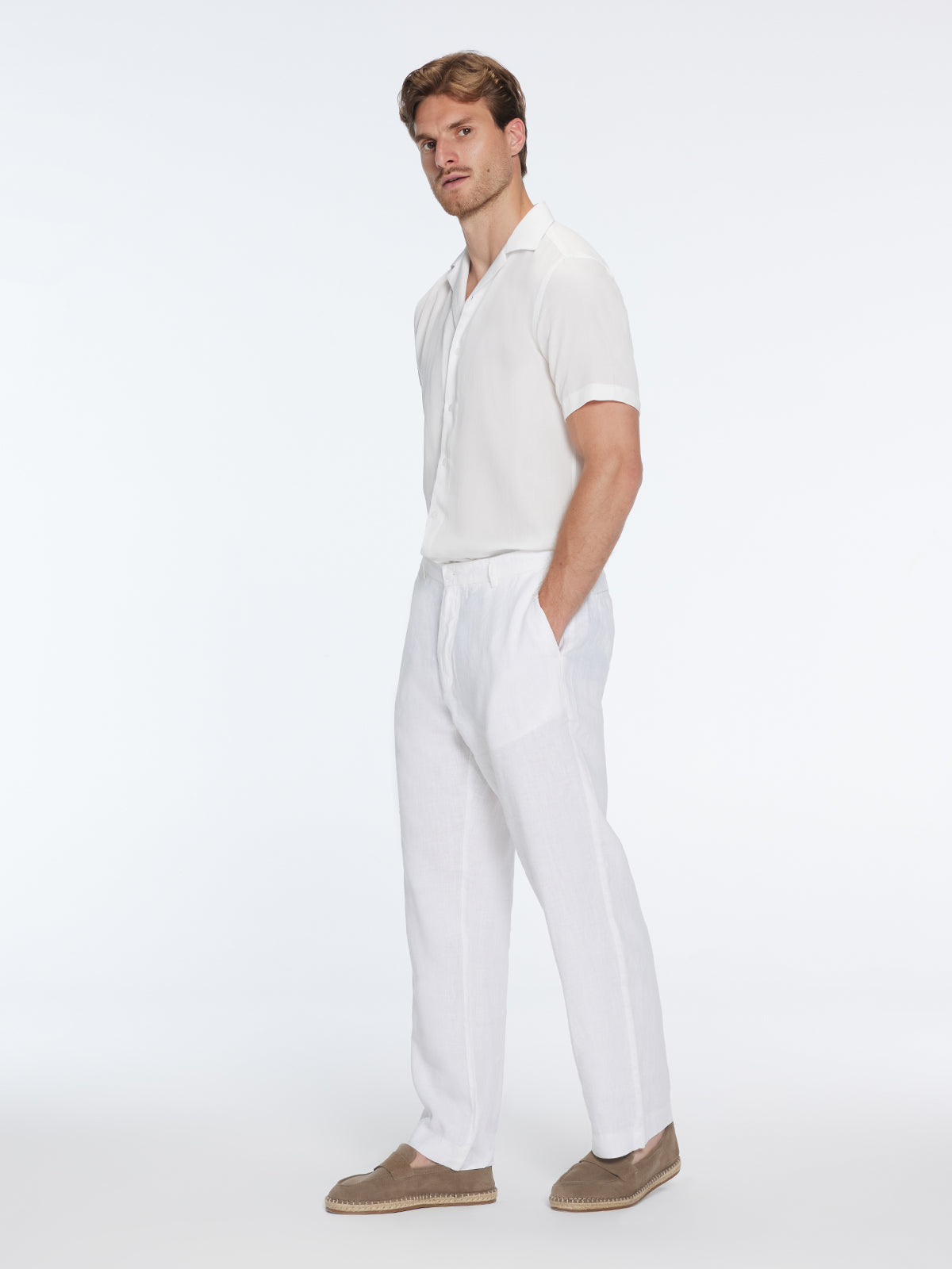 Adrian White Linen Straight-Leg Pants | Moeva | Pants | Each week unveils new pieces—luxury swimwear, fluid resort silhouettes, and elevated summer-to-evening essentials designed to carry you from coastal escapes to city nights.