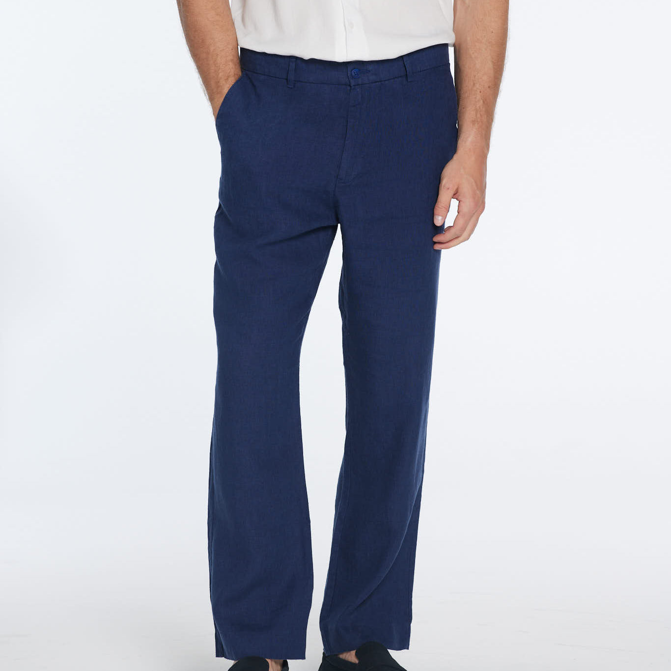 Adrian Dark Blue Linen Straight-Leg Pants | Moeva | Pants | Each week unveils new pieces—luxury swimwear, fluid resort silhouettes, and elevated summer-to-evening essentials designed to carry you from coastal escapes to city nights.