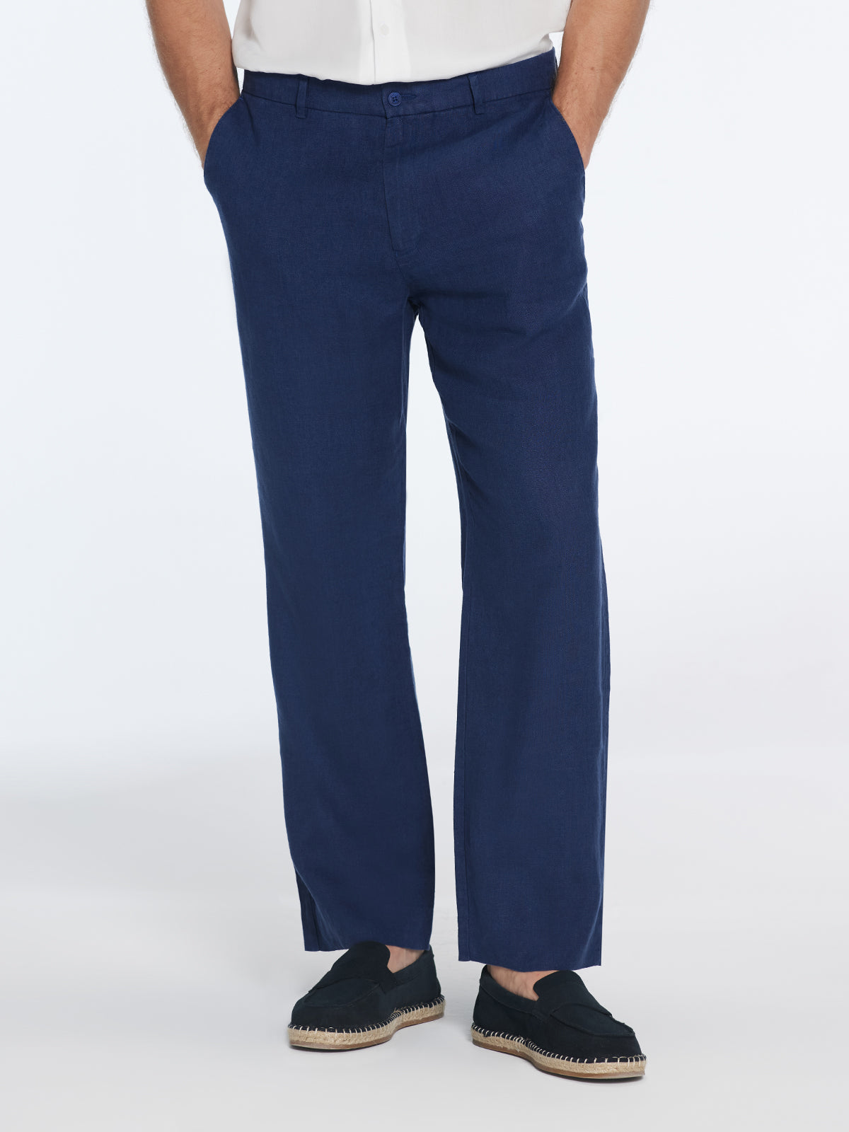 Adrian Dark Blue Linen Straight-Leg Pants | Moeva | Pants | Each week unveils new pieces—luxury swimwear, fluid resort silhouettes, and elevated summer-to-evening essentials designed to carry you from coastal escapes to city nights.