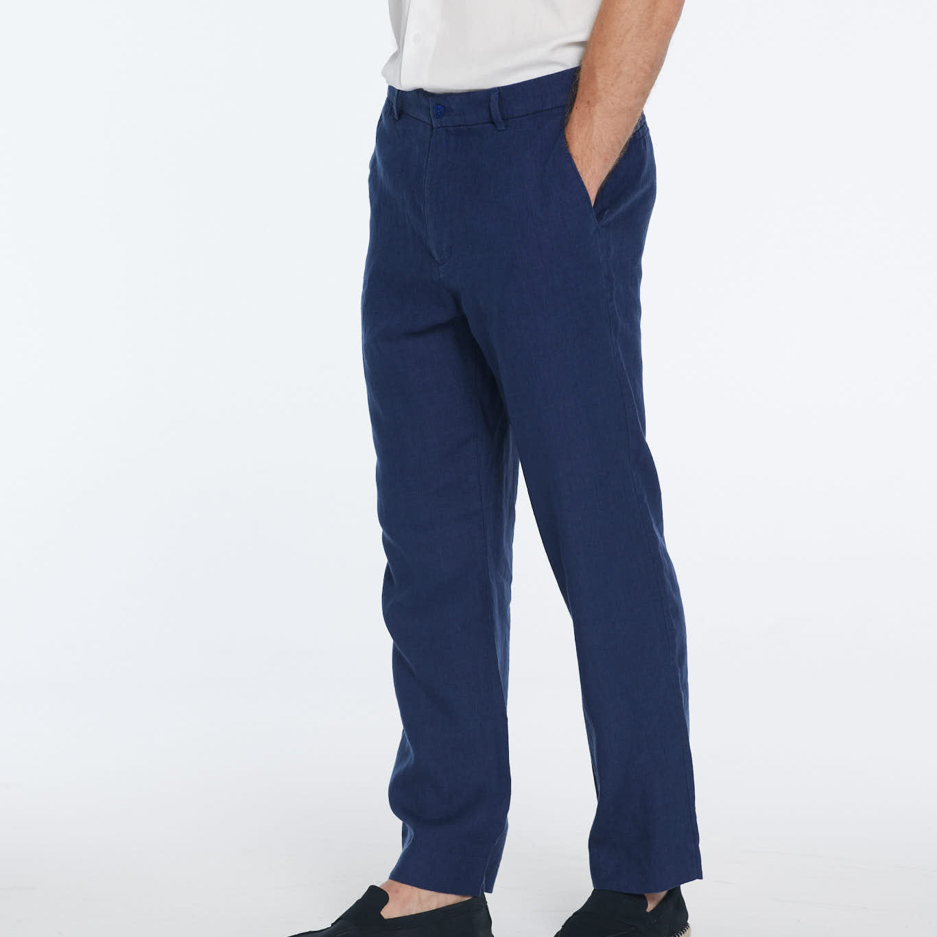 Adrian Dark Blue Linen Straight-Leg Pants | Moeva | Pants | Each week unveils new pieces—luxury swimwear, fluid resort silhouettes, and elevated summer-to-evening essentials designed to carry you from coastal escapes to city nights.