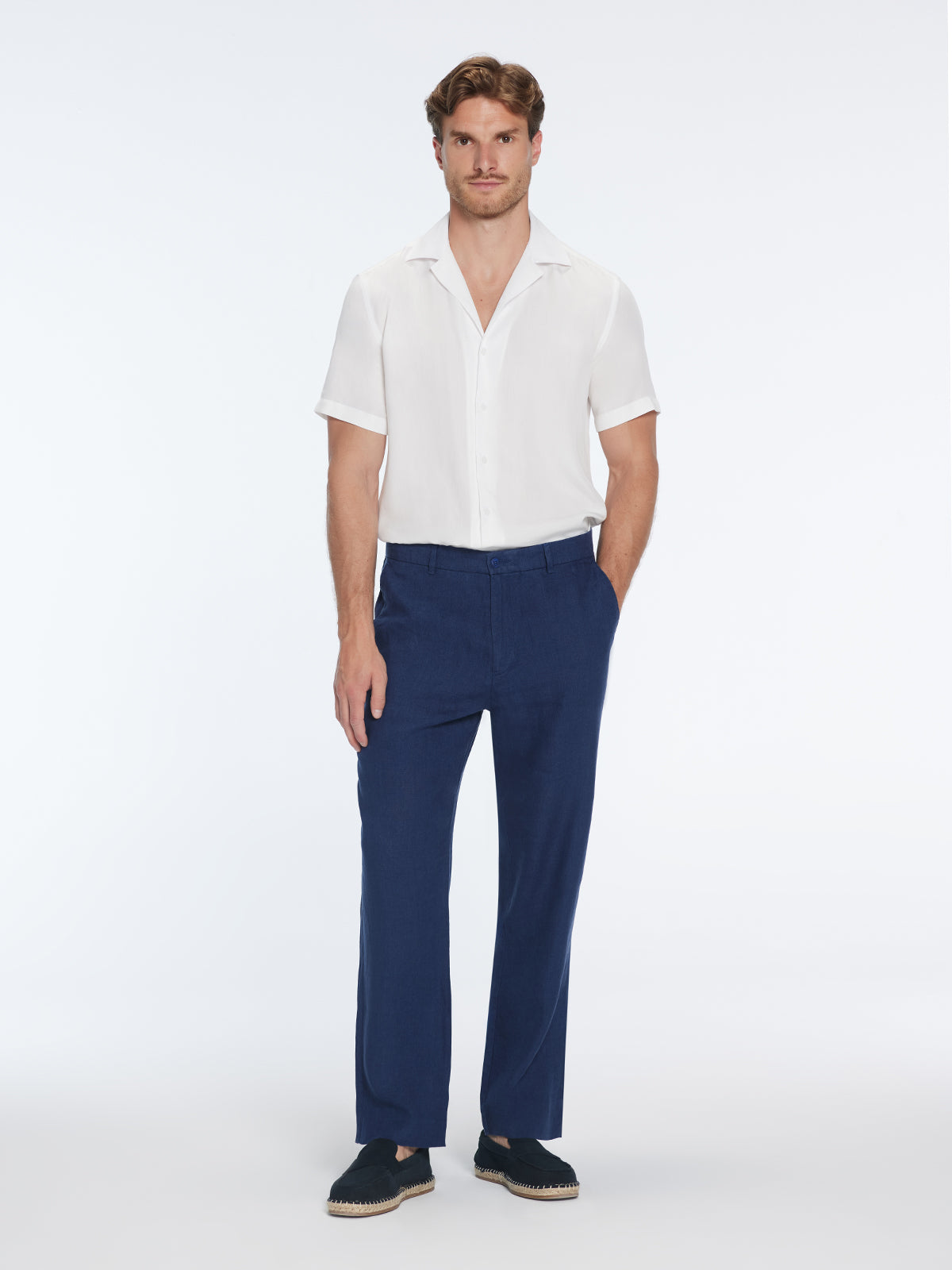 Adrian Dark Blue Linen Straight-Leg Pants | Moeva | Pants | Each week unveils new pieces—luxury swimwear, fluid resort silhouettes, and elevated summer-to-evening essentials designed to carry you from coastal escapes to city nights.