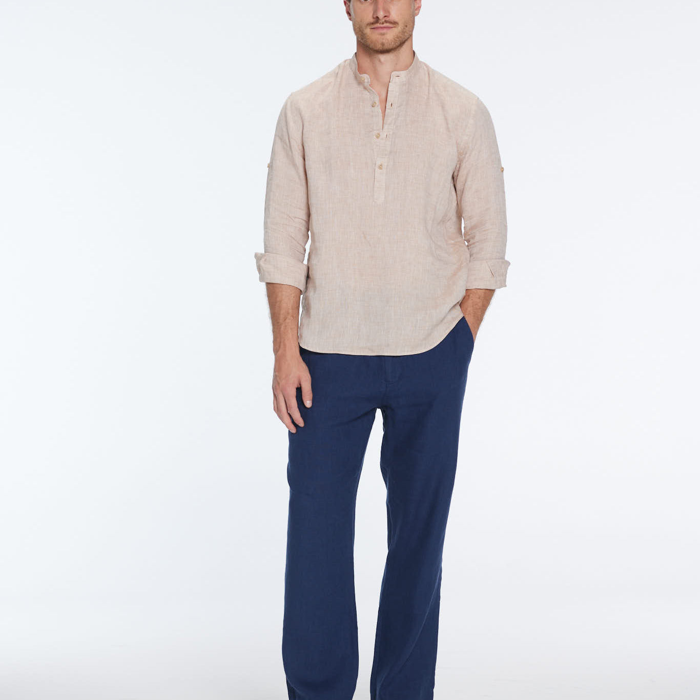 Matteo Nude Linen Half-Placket Band Collar Shirt | Moeva | Shirt | Each week unveils new pieces—luxury swimwear, fluid resort silhouettes, and elevated summer-to-evening essentials designed to carry you from coastal escapes to city nights.