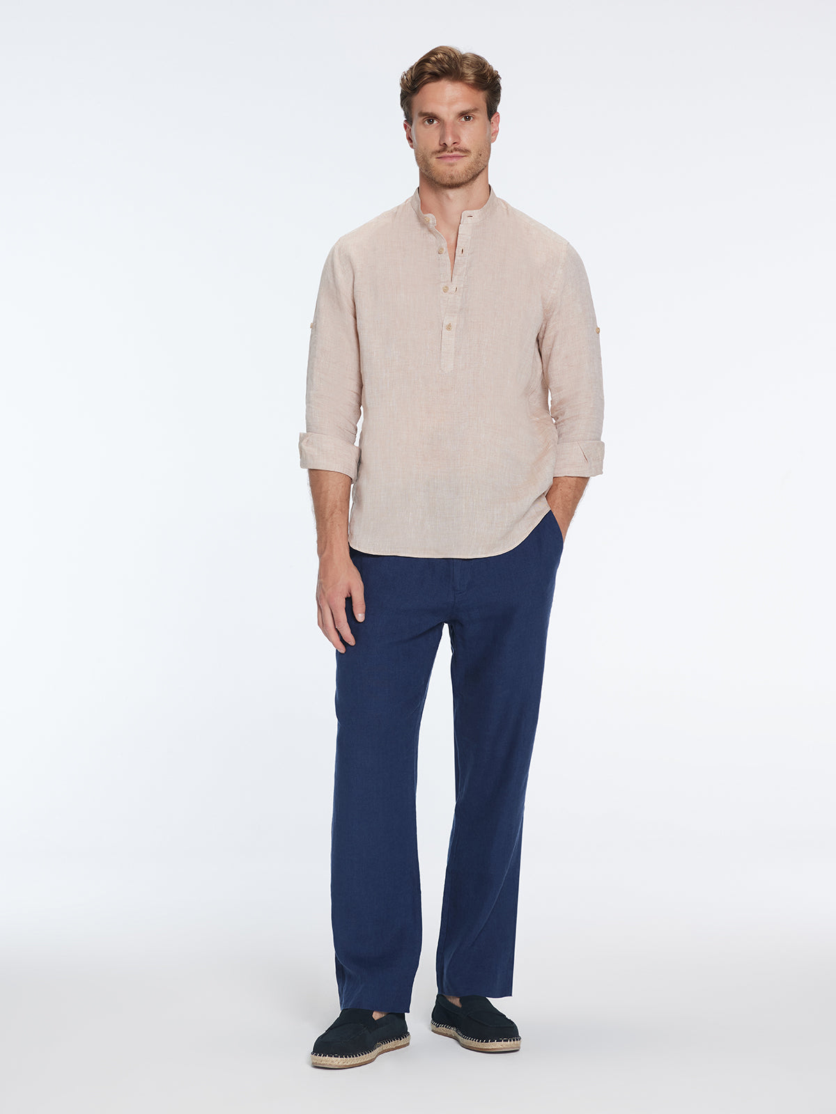 Matteo Nude Linen Half-Placket Band Collar Shirt | Moeva | Shirt | Each week unveils new pieces—luxury swimwear, fluid resort silhouettes, and elevated summer-to-evening essentials designed to carry you from coastal escapes to city nights.