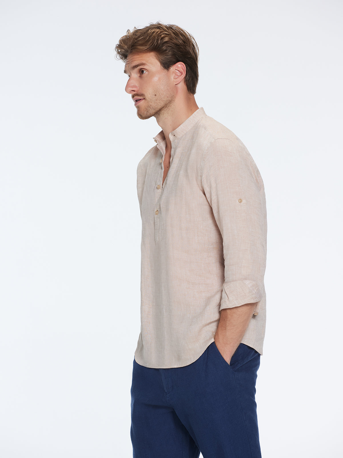 Matteo Nude Linen Half-Placket Band Collar Shirt | Moeva | Shirt | Each week unveils new pieces—luxury swimwear, fluid resort silhouettes, and elevated summer-to-evening essentials designed to carry you from coastal escapes to city nights.