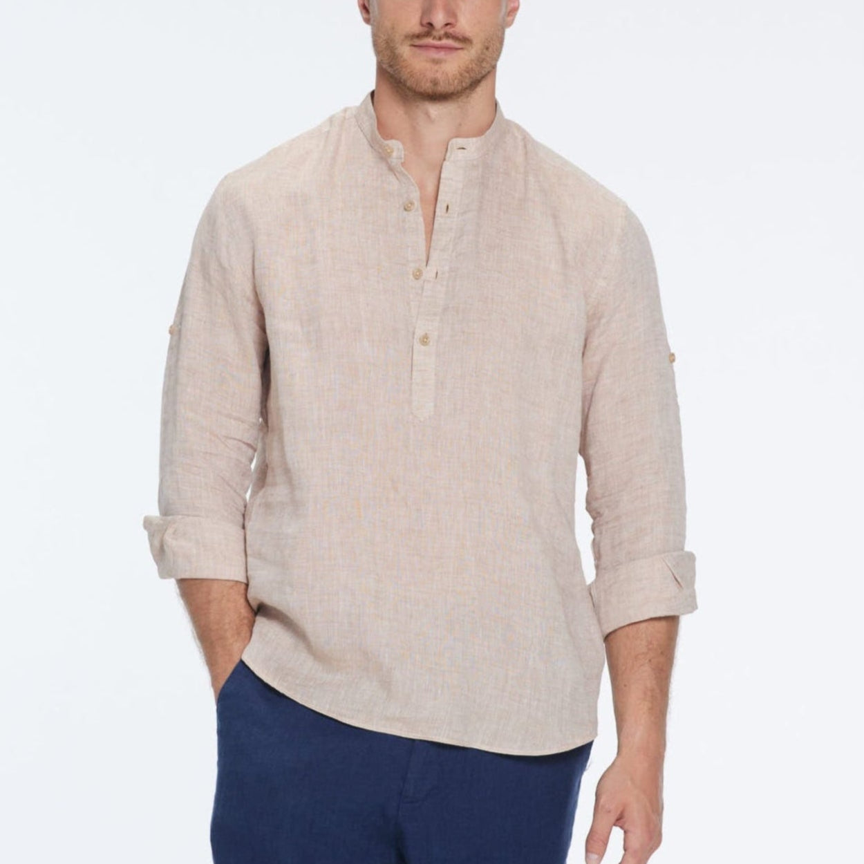 Matteo Nude Linen Half-Placket Band Collar Shirt | Moeva | Shirt | Each week unveils new pieces—luxury swimwear, fluid resort silhouettes, and elevated summer-to-evening essentials designed to carry you from coastal escapes to city nights.