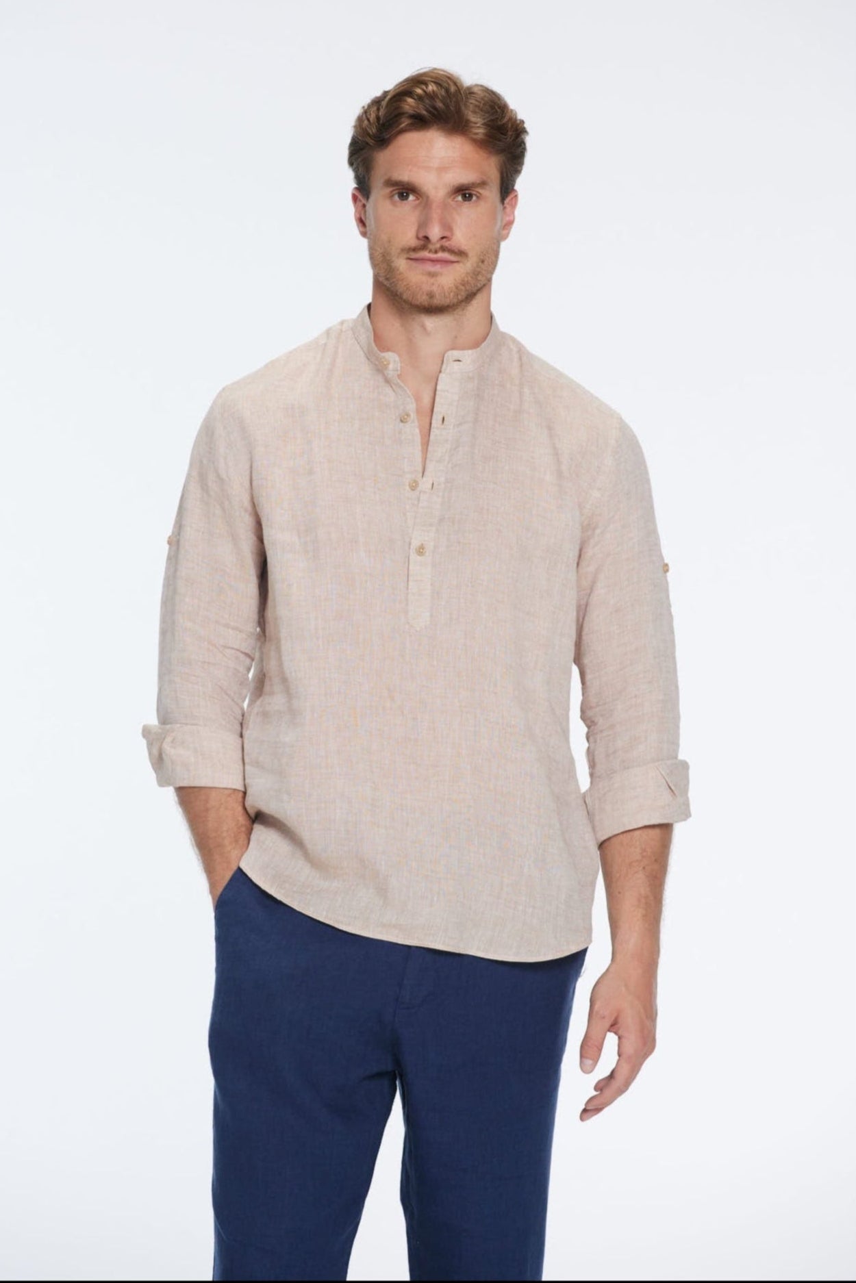 Matteo Nude Linen Half-Placket Band Collar Shirt | Moeva | Men Mandarin Collar Shirts | Each week unveils new pieces—luxury swimwear, fluid resort silhouettes, and elevated summer-to-evening essentials designed to carry you from coastal escapes to city nights.
