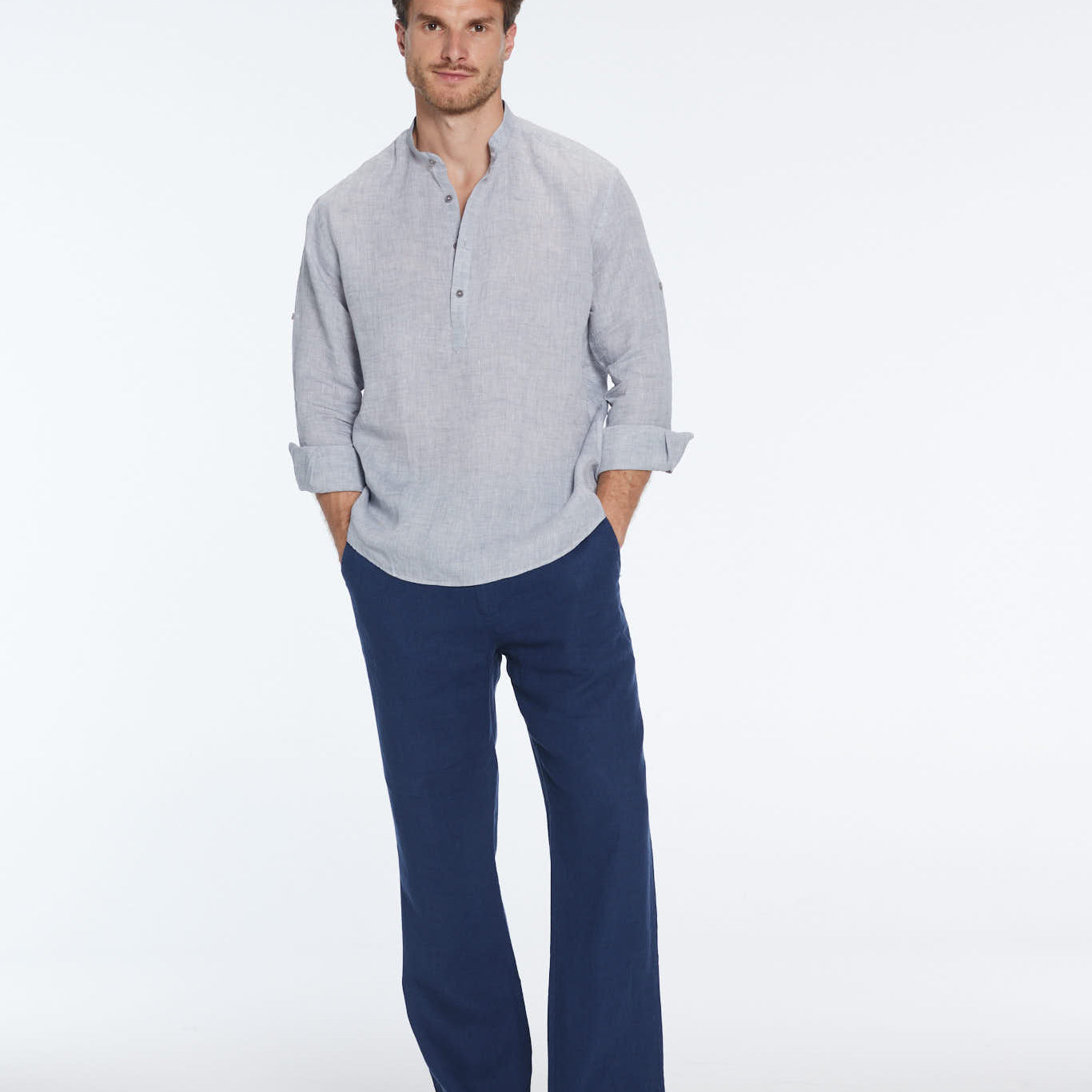 Matteo Grey Linen Half-Placket Band Collar Shirt | Moeva | Shirt | Each week unveils new pieces—luxury swimwear, fluid resort silhouettes, and elevated summer-to-evening essentials designed to carry you from coastal escapes to city nights.