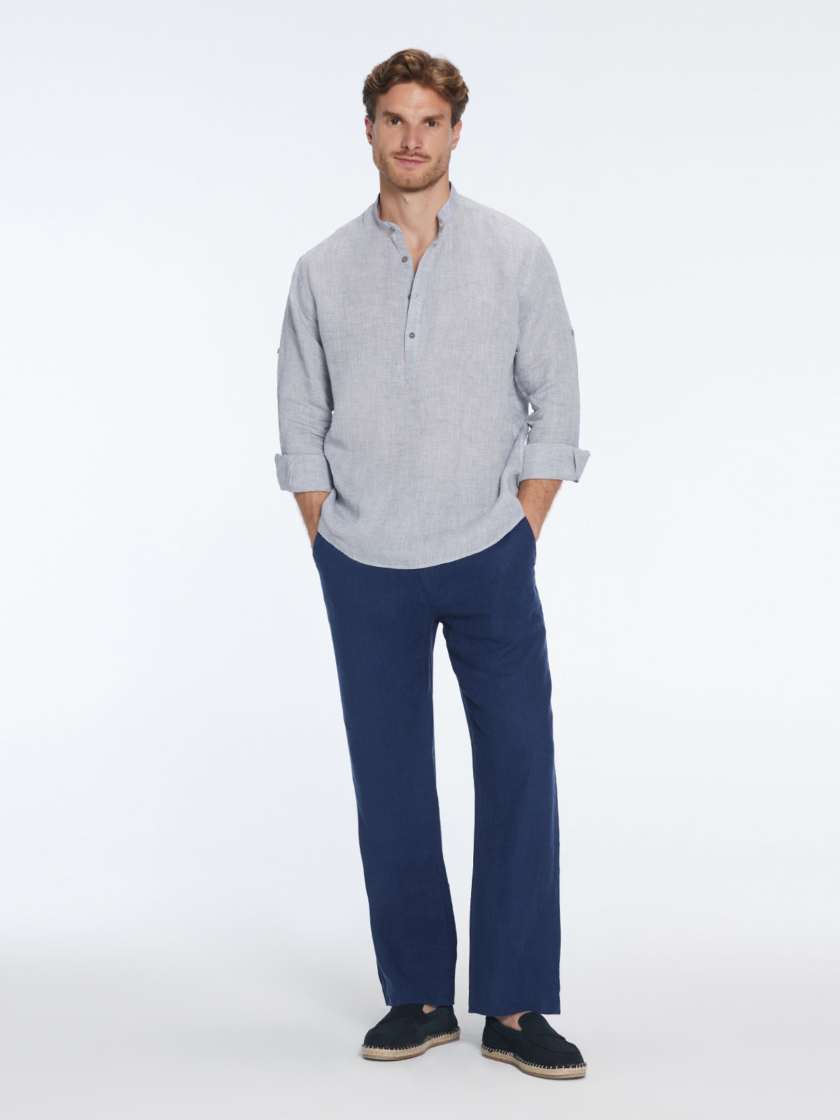 Matteo Grey Linen Half-Placket Band Collar Shirt | Moeva | Shirt | Each week unveils new pieces—luxury swimwear, fluid resort silhouettes, and elevated summer-to-evening essentials designed to carry you from coastal escapes to city nights.