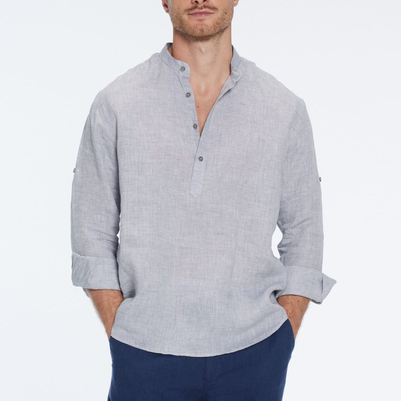 Matteo Grey Linen Half-Placket Band Collar Shirt | Moeva | Shirt | Each week unveils new pieces—luxury swimwear, fluid resort silhouettes, and elevated summer-to-evening essentials designed to carry you from coastal escapes to city nights.
