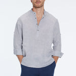 Matteo Grey Linen Half-Placket Band Collar Shirt | Moeva | Men Mandarin Collar Shirts | Each week unveils new pieces—luxury swimwear, fluid resort silhouettes, and elevated summer-to-evening essentials designed to carry you from coastal escapes to city nights.