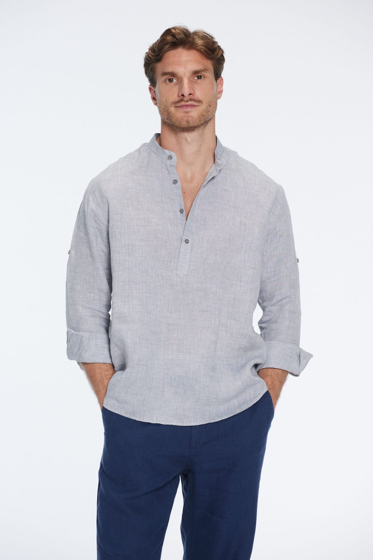 Matteo Grey Linen Half-Placket Band Collar Shirt | Moeva | Men Mandarin Collar Shirts | Each week unveils new pieces—luxury swimwear, fluid resort silhouettes, and elevated summer-to-evening essentials designed to carry you from coastal escapes to city nights.