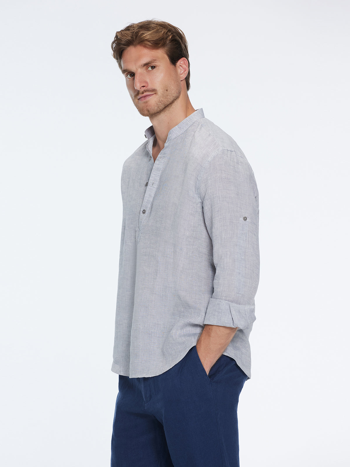 Matteo Grey Linen Half-Placket Band Collar Shirt | Moeva | Shirt | Each week unveils new pieces—luxury swimwear, fluid resort silhouettes, and elevated summer-to-evening essentials designed to carry you from coastal escapes to city nights.