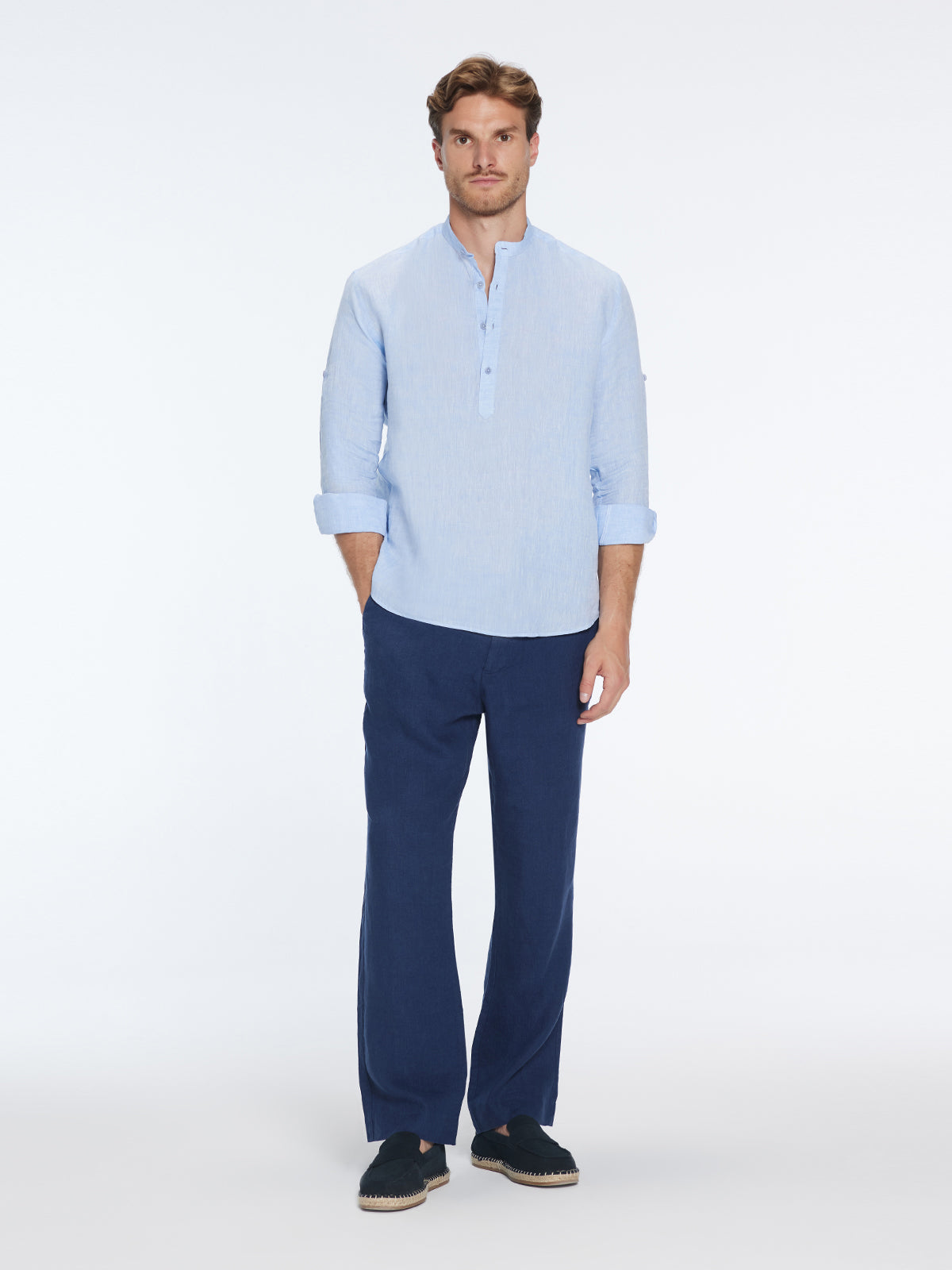 Matteo Baby Blue Linen Half-Placket Band Collar Shirt | Moeva | Shirt | Each week unveils new pieces—luxury swimwear, fluid resort silhouettes, and elevated summer-to-evening essentials designed to carry you from coastal escapes to city nights.