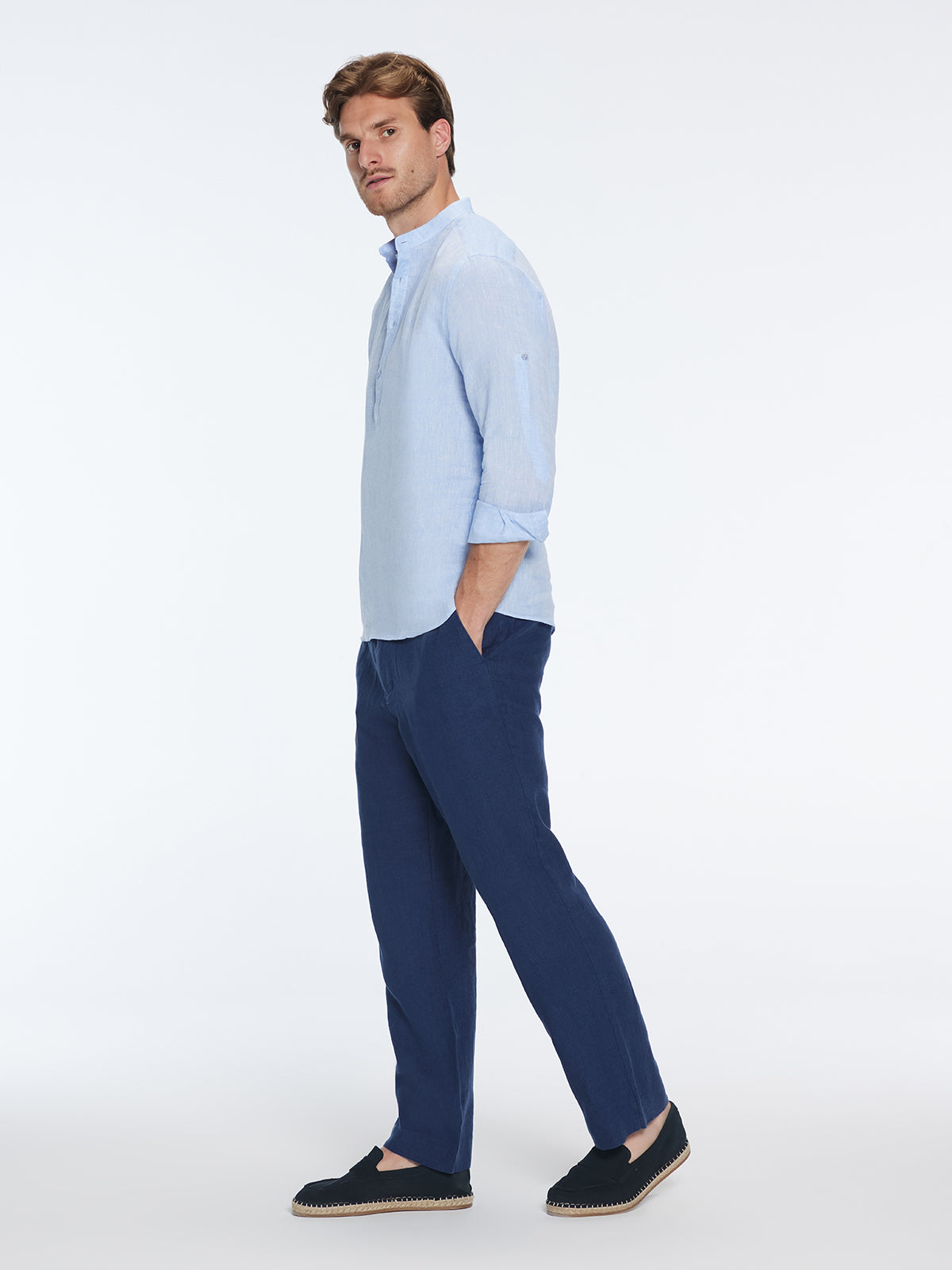 Matteo Baby Blue Linen Half-Placket Band Collar Shirt | Moeva | Shirt | Each week unveils new pieces—luxury swimwear, fluid resort silhouettes, and elevated summer-to-evening essentials designed to carry you from coastal escapes to city nights.