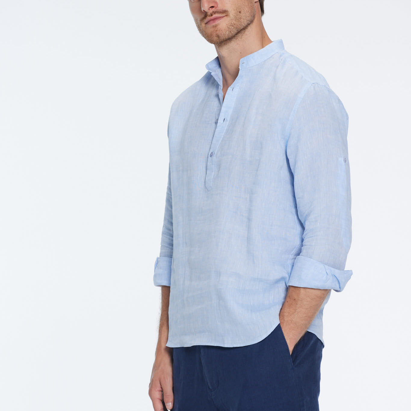 Matteo Baby Blue Linen Half-Placket Band Collar Shirt | Moeva | Shirt | Each week unveils new pieces—luxury swimwear, fluid resort silhouettes, and elevated summer-to-evening essentials designed to carry you from coastal escapes to city nights.