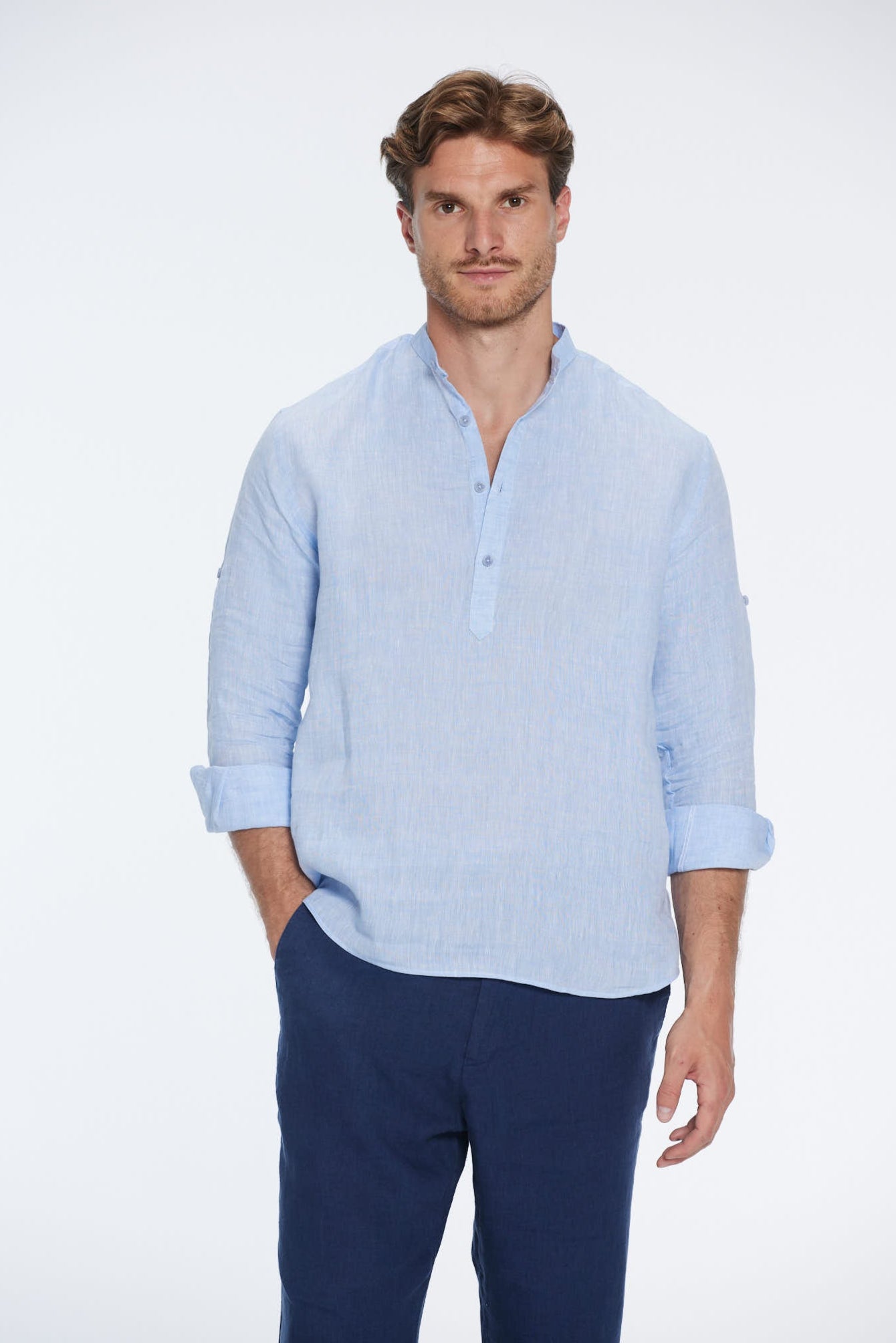 Matteo Baby Blue Linen Half-Placket Band Collar Shirt | Moeva | Men Mandarin Collar Shirts | Each week unveils new pieces—luxury swimwear, fluid resort silhouettes, and elevated summer-to-evening essentials designed to carry you from coastal escapes to city nights.