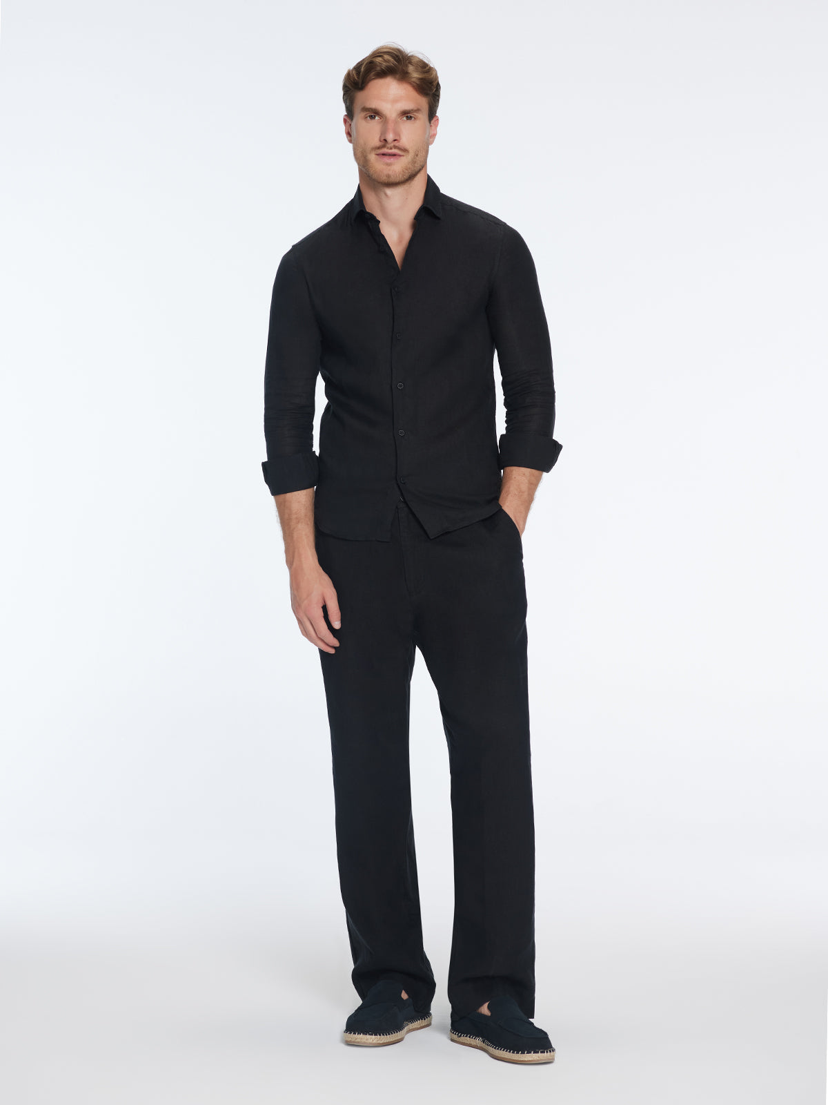 James Black Linen Slim-Fit Shirt | Moeva | Shirt | Each week unveils new pieces—luxury swimwear, fluid resort silhouettes, and elevated summer-to-evening essentials designed to carry you from coastal escapes to city nights.