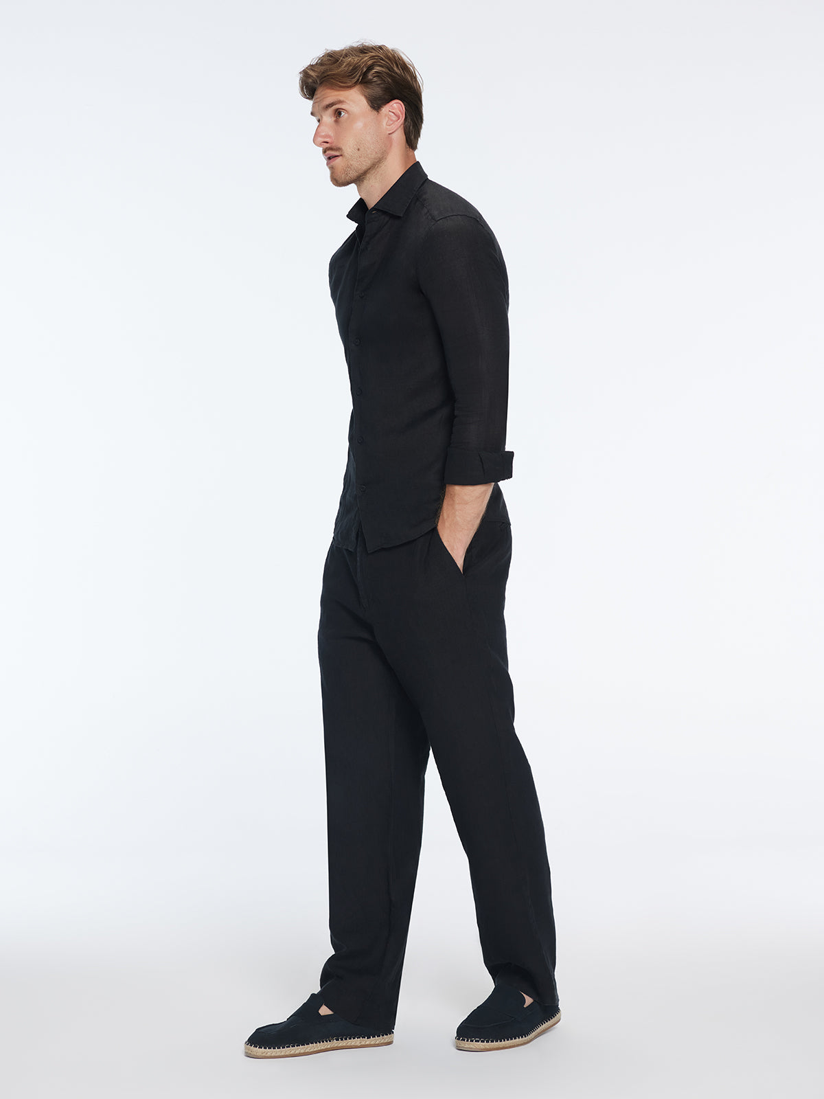 James Black Linen Slim-Fit Shirt | Moeva | Shirt | Each week unveils new pieces—luxury swimwear, fluid resort silhouettes, and elevated summer-to-evening essentials designed to carry you from coastal escapes to city nights.