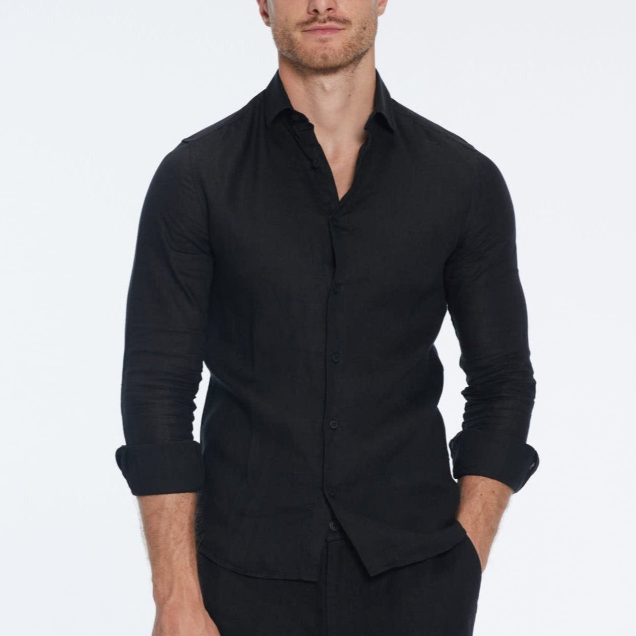 James Black Linen Slim-Fit Shirt | Moeva | Shirt | Each week unveils new pieces—luxury swimwear, fluid resort silhouettes, and elevated summer-to-evening essentials designed to carry you from coastal escapes to city nights.
