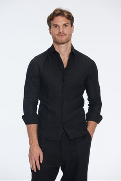 James Black Linen Slim-Fit Shirt | Moeva | Men Classic Collar Shirts | Each week unveils new pieces—luxury swimwear, fluid resort silhouettes, and elevated summer-to-evening essentials designed to carry you from coastal escapes to city nights.