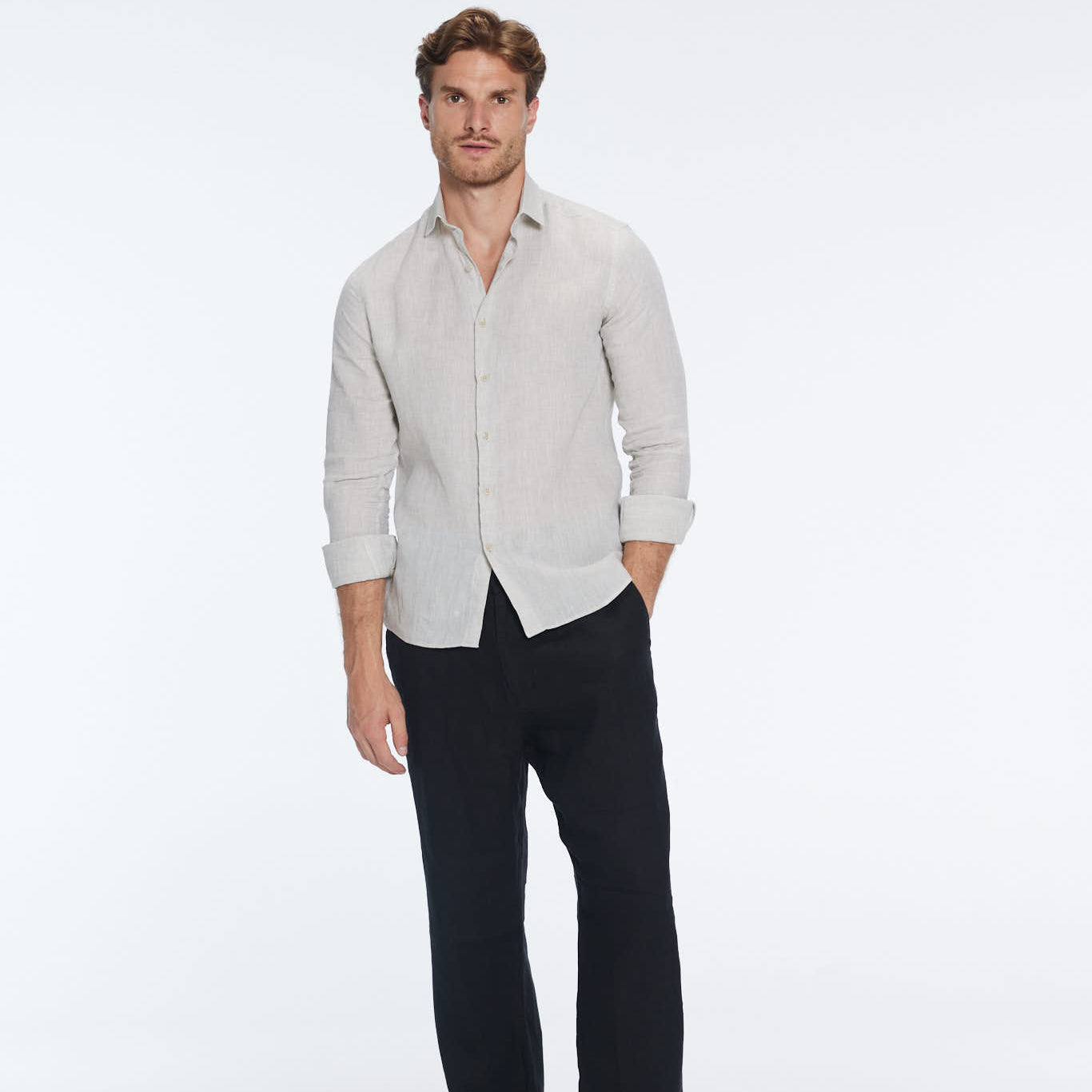James Khaki Linen Slim-Fit Shirt | Moeva | Shirt | Each week unveils new pieces—luxury swimwear, fluid resort silhouettes, and elevated summer-to-evening essentials designed to carry you from coastal escapes to city nights.