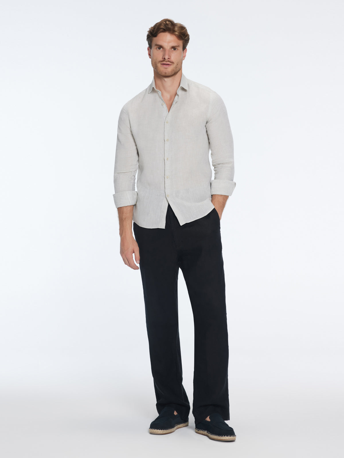 Harry Khaki Linen Shirt with Spread Collar | Moeva | Shirt | Each week unveils new pieces—luxury swimwear, fluid resort silhouettes, and elevated summer-to-evening essentials designed to carry you from coastal escapes to city nights.