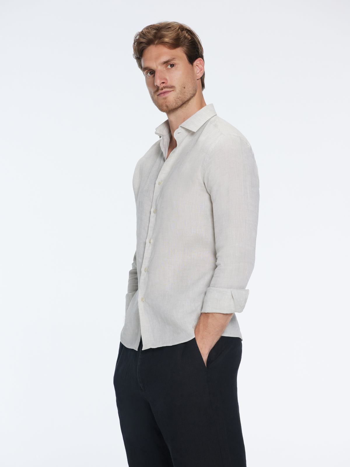 Harry Khaki Linen Shirt with Spread Collar | Moeva | Shirt | Each week unveils new pieces—luxury swimwear, fluid resort silhouettes, and elevated summer-to-evening essentials designed to carry you from coastal escapes to city nights.