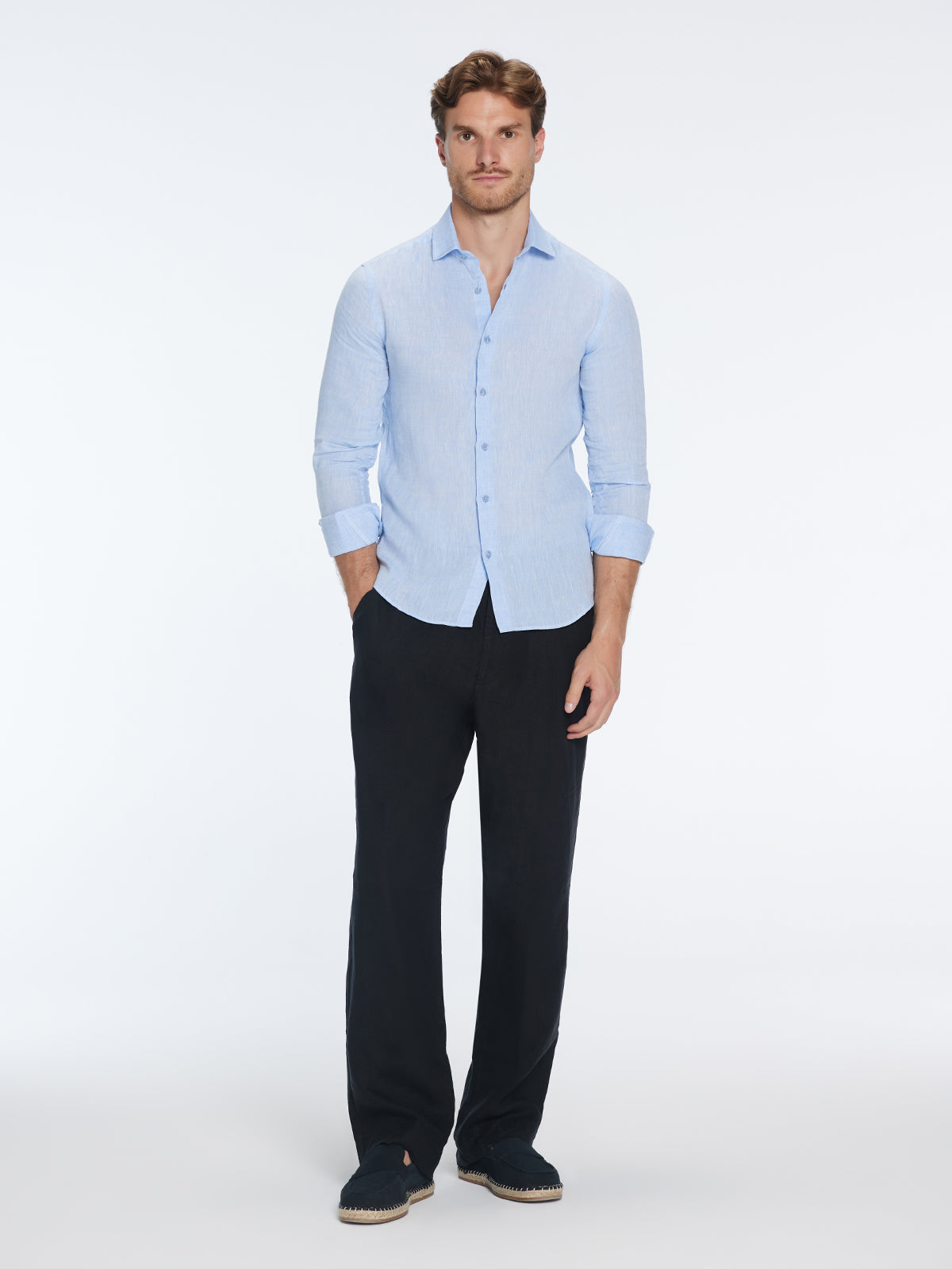James Baby Blue Linen Slim-Fit Shirt | Moeva | Shirt | Each week unveils new pieces—luxury swimwear, fluid resort silhouettes, and elevated summer-to-evening essentials designed to carry you from coastal escapes to city nights.