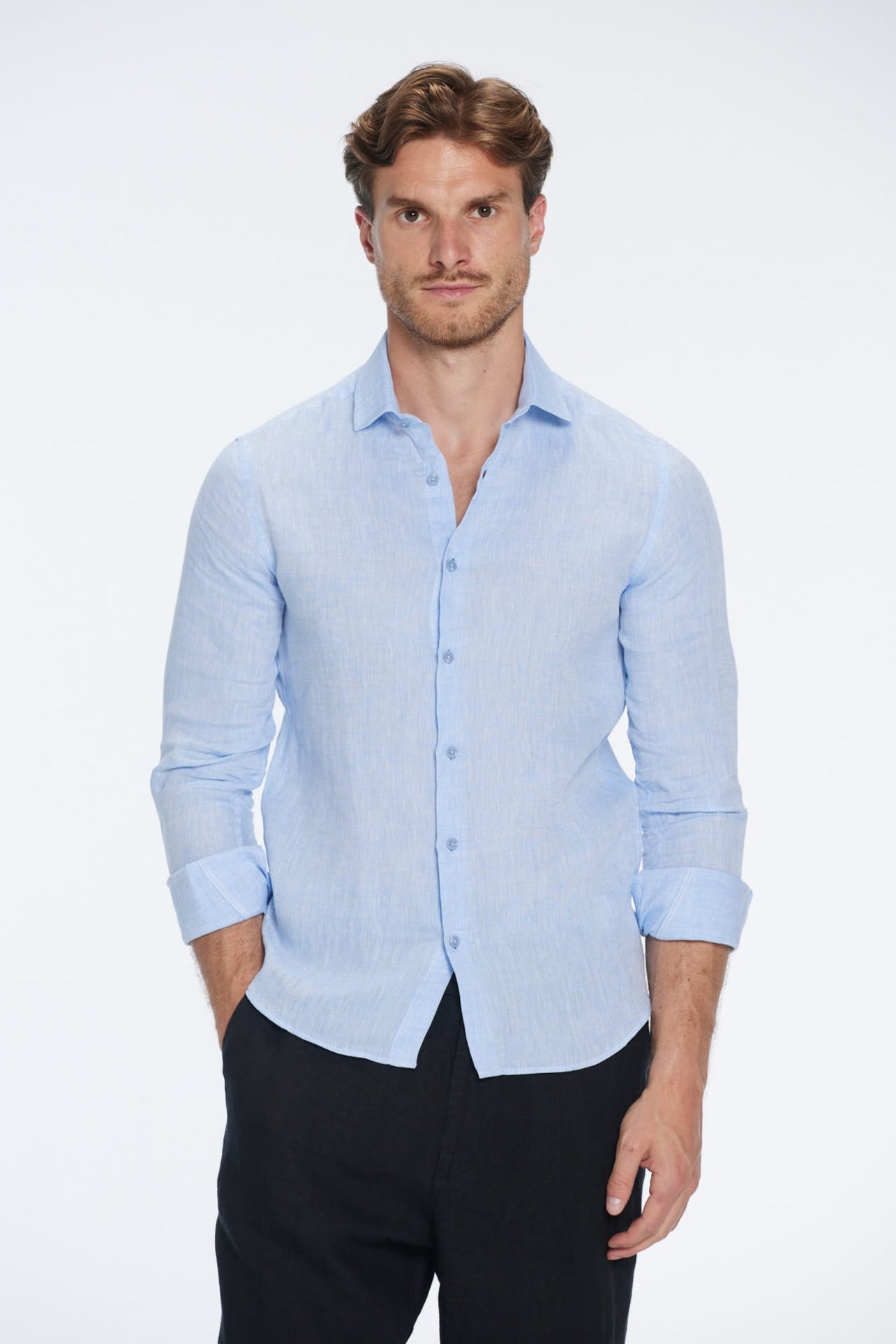 James Baby Blue Linen Slim-Fit Shirt | Moeva | Men Classic Collar Shirts | Each week unveils new pieces—luxury swimwear, fluid resort silhouettes, and elevated summer-to-evening essentials designed to carry you from coastal escapes to city nights.