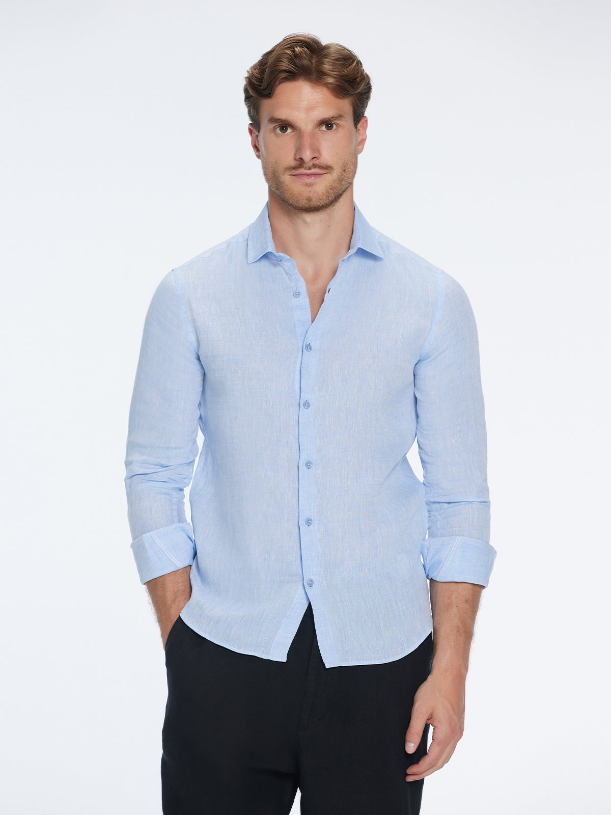 James Baby Blue Linen Slim-Fit Shirt | Moeva | Shirt | Each week unveils new pieces—luxury swimwear, fluid resort silhouettes, and elevated summer-to-evening essentials designed to carry you from coastal escapes to city nights.