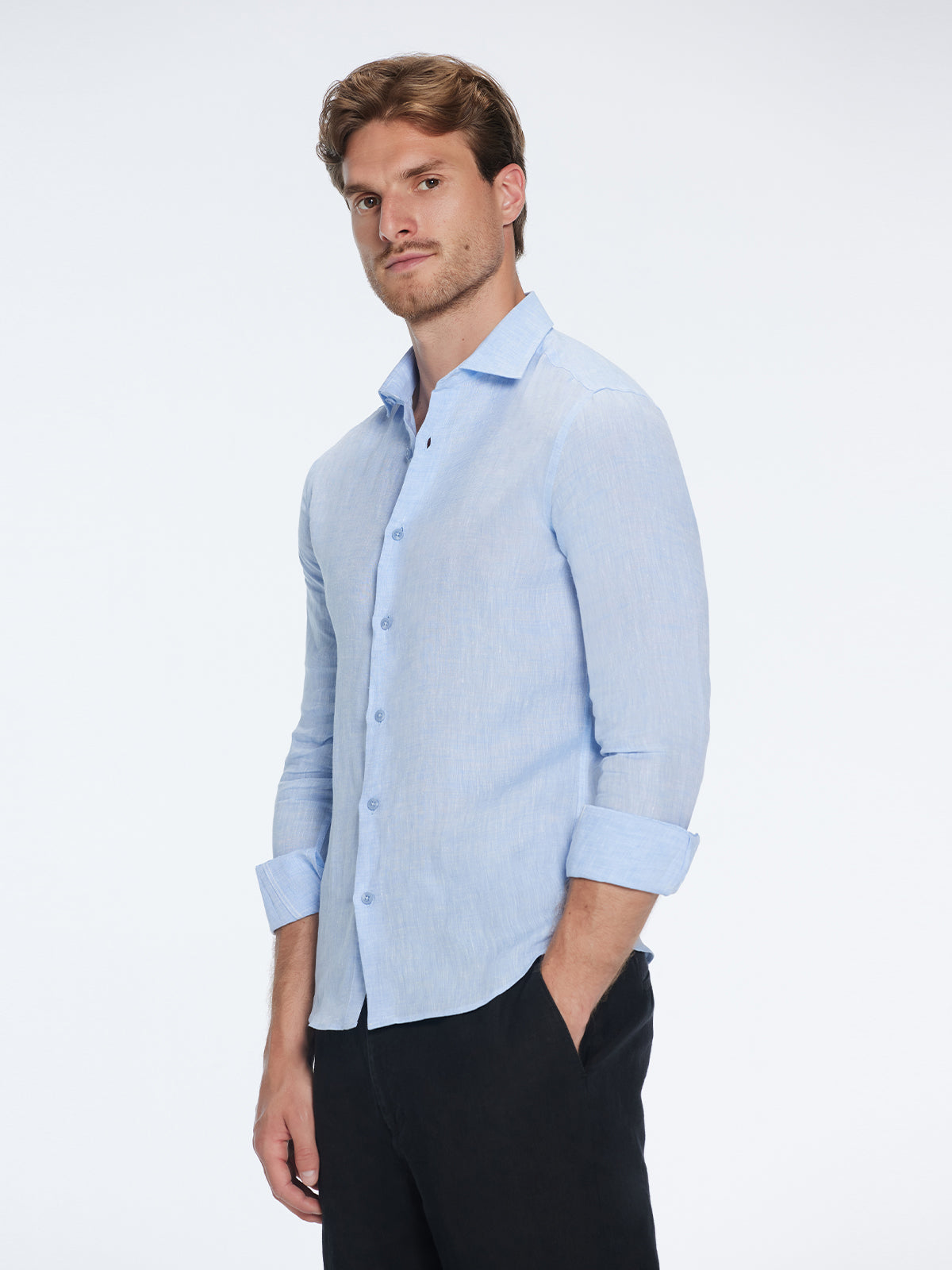 James Baby Blue Linen Slim-Fit Shirt | Moeva | Shirt | Each week unveils new pieces—luxury swimwear, fluid resort silhouettes, and elevated summer-to-evening essentials designed to carry you from coastal escapes to city nights.