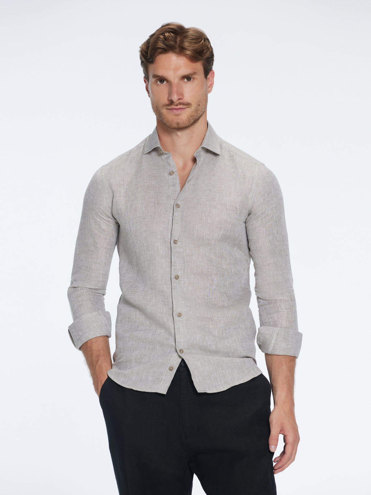 James Grey Linen Slim-Fit Shirt | Moeva | Shirt | Each week unveils new pieces—luxury swimwear, fluid resort silhouettes, and elevated summer-to-evening essentials designed to carry you from coastal escapes to city nights.