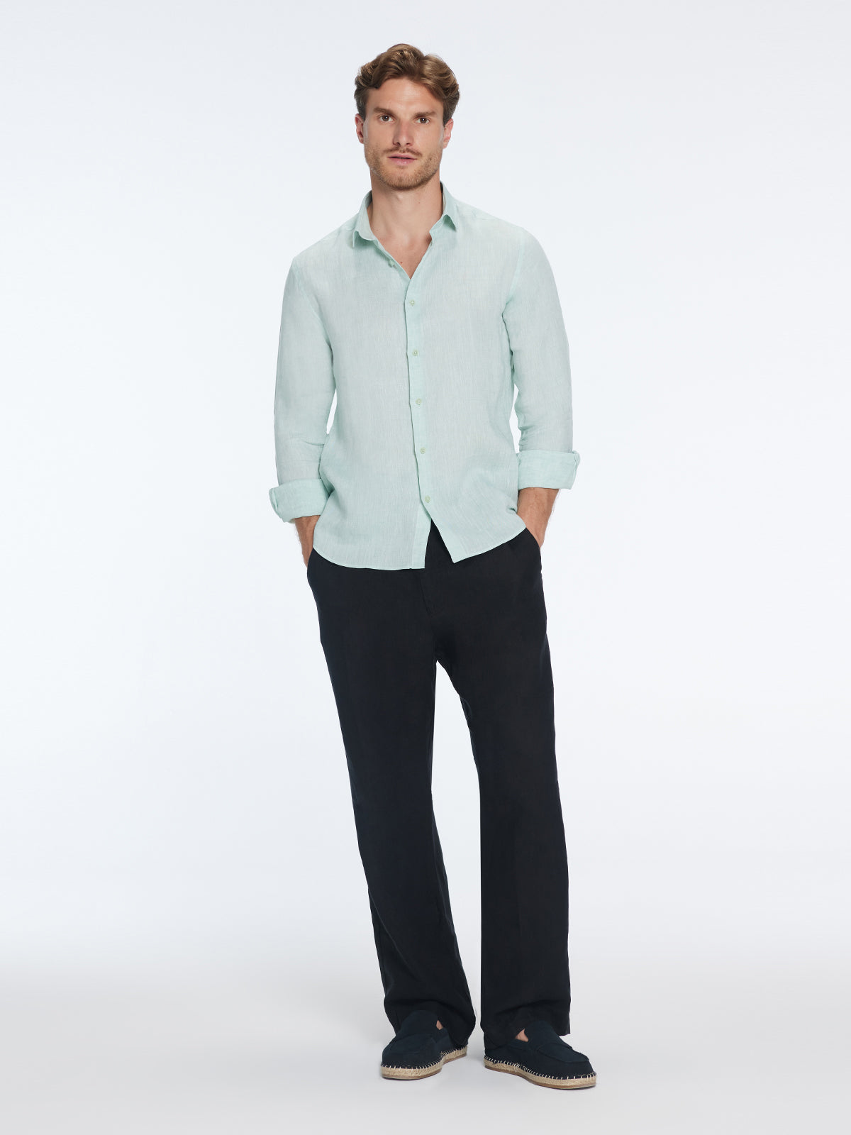 James Green Linen Slim-Fit Shirt | Moeva | Shirt | Each week unveils new pieces—luxury swimwear, fluid resort silhouettes, and elevated summer-to-evening essentials designed to carry you from coastal escapes to city nights.