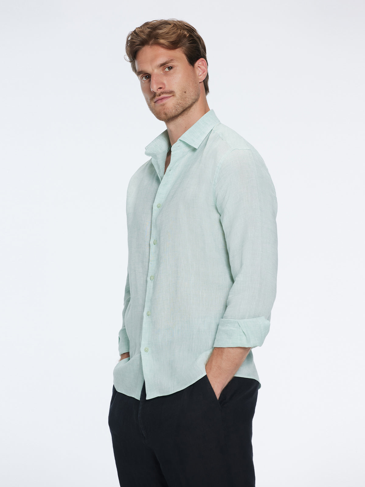 James Green Linen Slim-Fit Shirt | Moeva | Shirt | Each week unveils new pieces—luxury swimwear, fluid resort silhouettes, and elevated summer-to-evening essentials designed to carry you from coastal escapes to city nights.