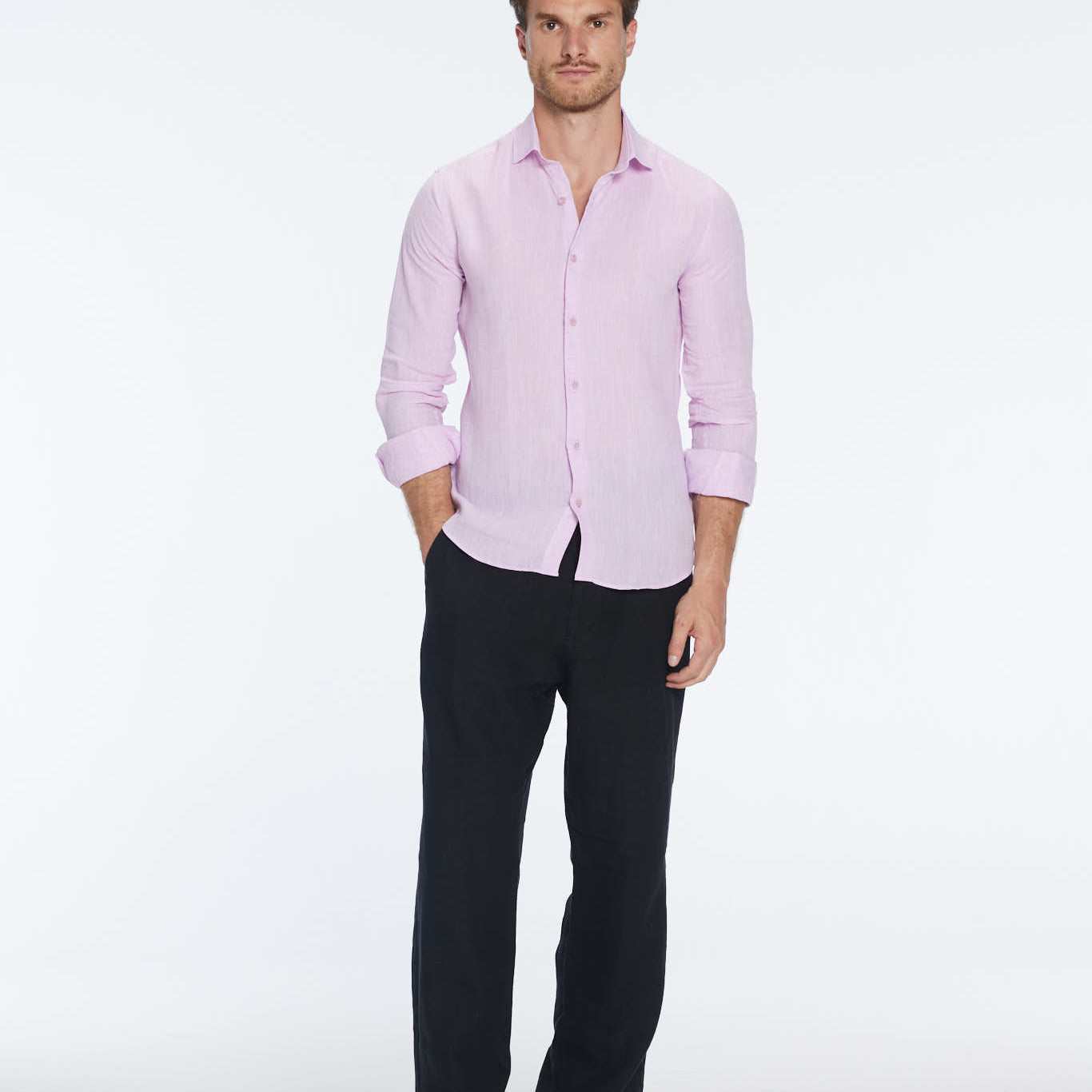 James Pink Linen Slim-Fit Shirt | Moeva | Shirt | Each week unveils new pieces—luxury swimwear, fluid resort silhouettes, and elevated summer-to-evening essentials designed to carry you from coastal escapes to city nights.