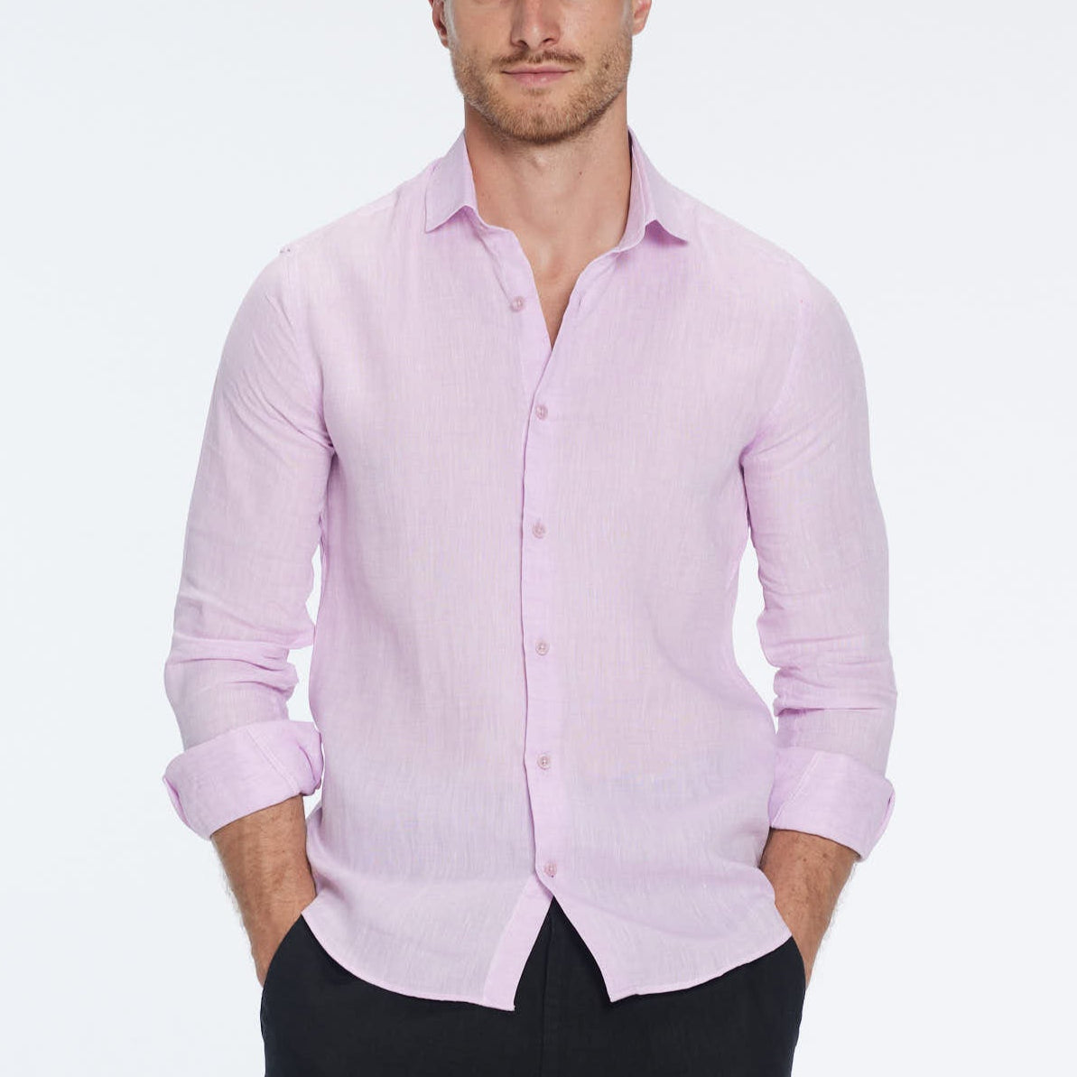 James Pink Linen Slim-Fit Shirt | Moeva | Shirt | Each week unveils new pieces—luxury swimwear, fluid resort silhouettes, and elevated summer-to-evening essentials designed to carry you from coastal escapes to city nights.
