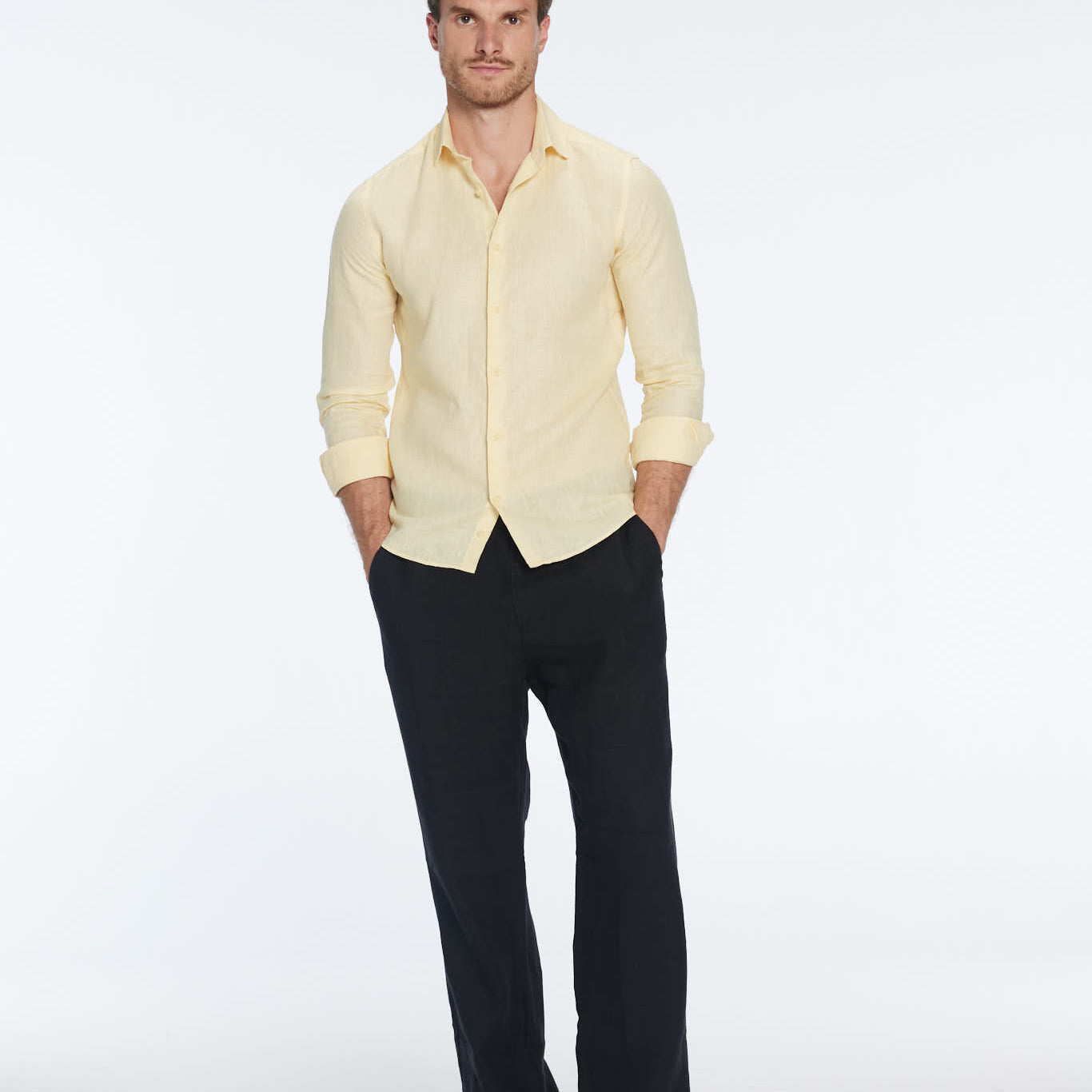 James Yellow Linen Slim-Fit Shirt | Moeva | Shirt | Each week unveils new pieces—luxury swimwear, fluid resort silhouettes, and elevated summer-to-evening essentials designed to carry you from coastal escapes to city nights.