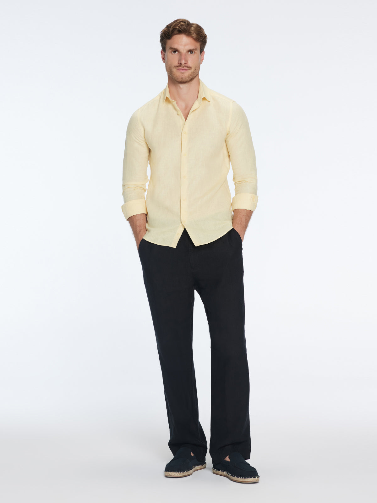 James Yellow Linen Slim-Fit Shirt | Moeva | Shirt | Each week unveils new pieces—luxury swimwear, fluid resort silhouettes, and elevated summer-to-evening essentials designed to carry you from coastal escapes to city nights.