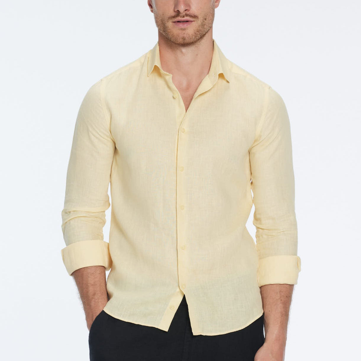 James Yellow Linen Slim-Fit Shirt | Moeva | Shirt | Each week unveils new pieces—luxury swimwear, fluid resort silhouettes, and elevated summer-to-evening essentials designed to carry you from coastal escapes to city nights.