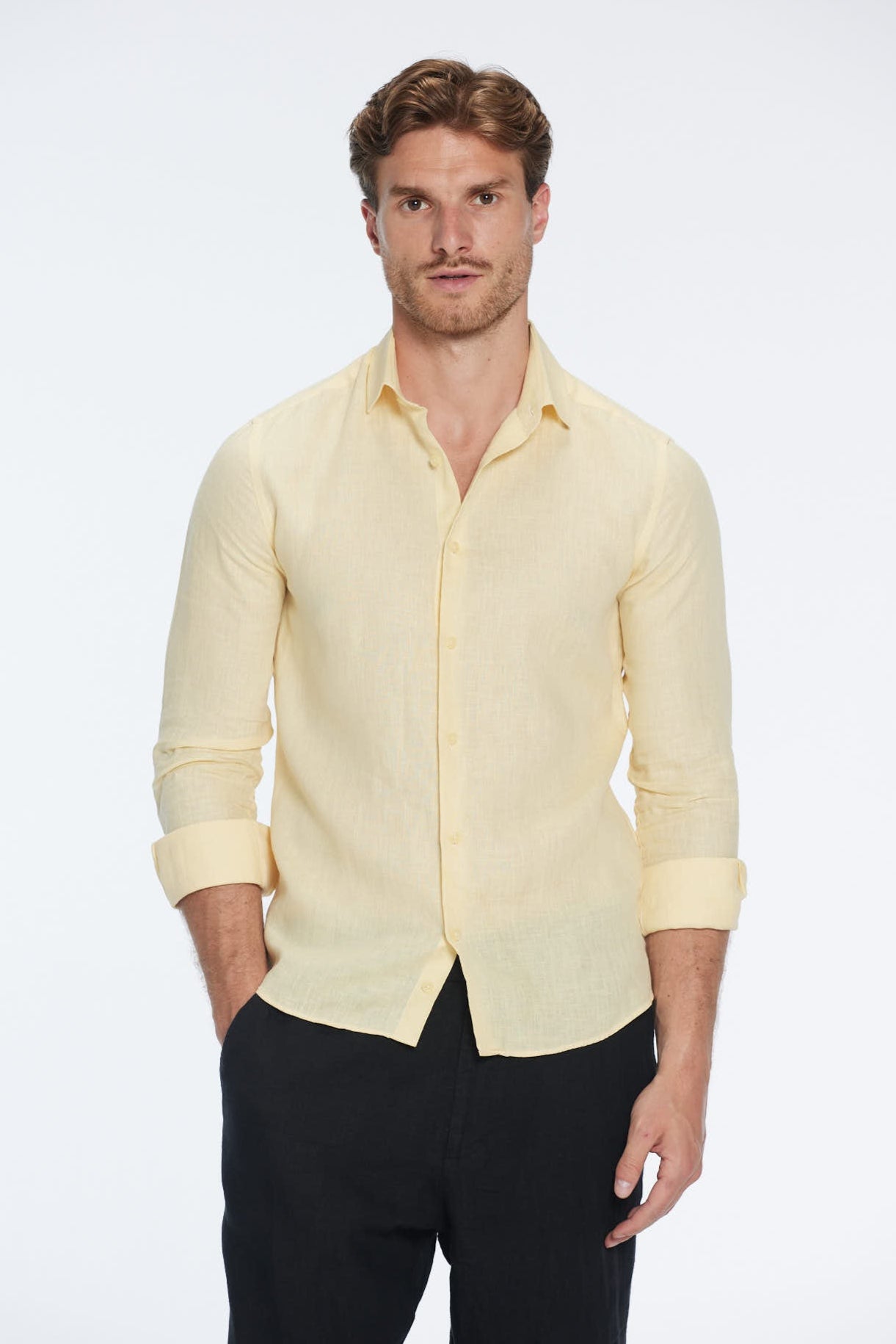 James Yellow Linen Slim-Fit Shirt | Moeva | Men Classic Collar Shirts | Each week unveils new pieces—luxury swimwear, fluid resort silhouettes, and elevated summer-to-evening essentials designed to carry you from coastal escapes to city nights.
