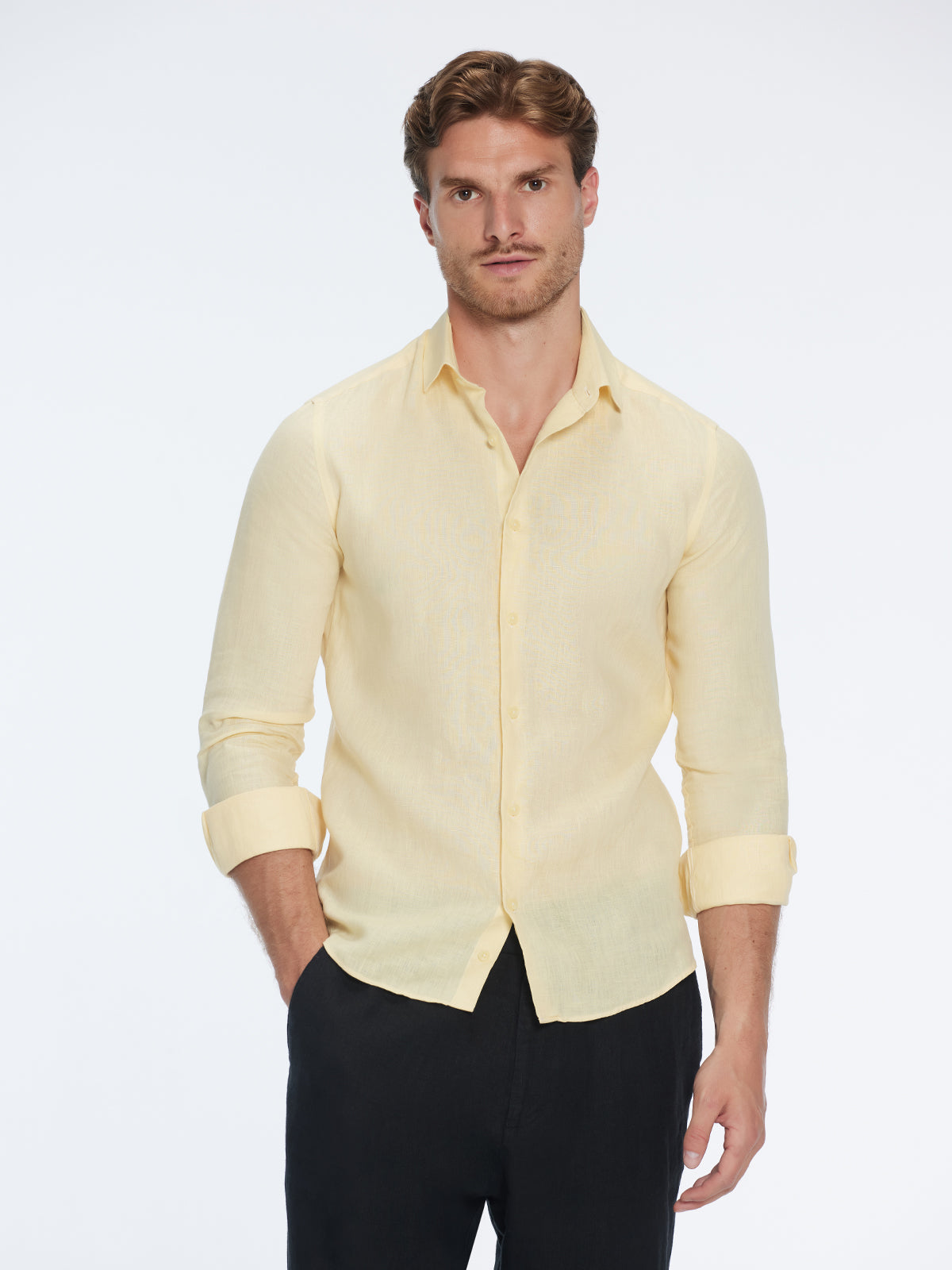 James Yellow Linen Slim-Fit Shirt | Moeva | Shirt | Each week unveils new pieces—luxury swimwear, fluid resort silhouettes, and elevated summer-to-evening essentials designed to carry you from coastal escapes to city nights.