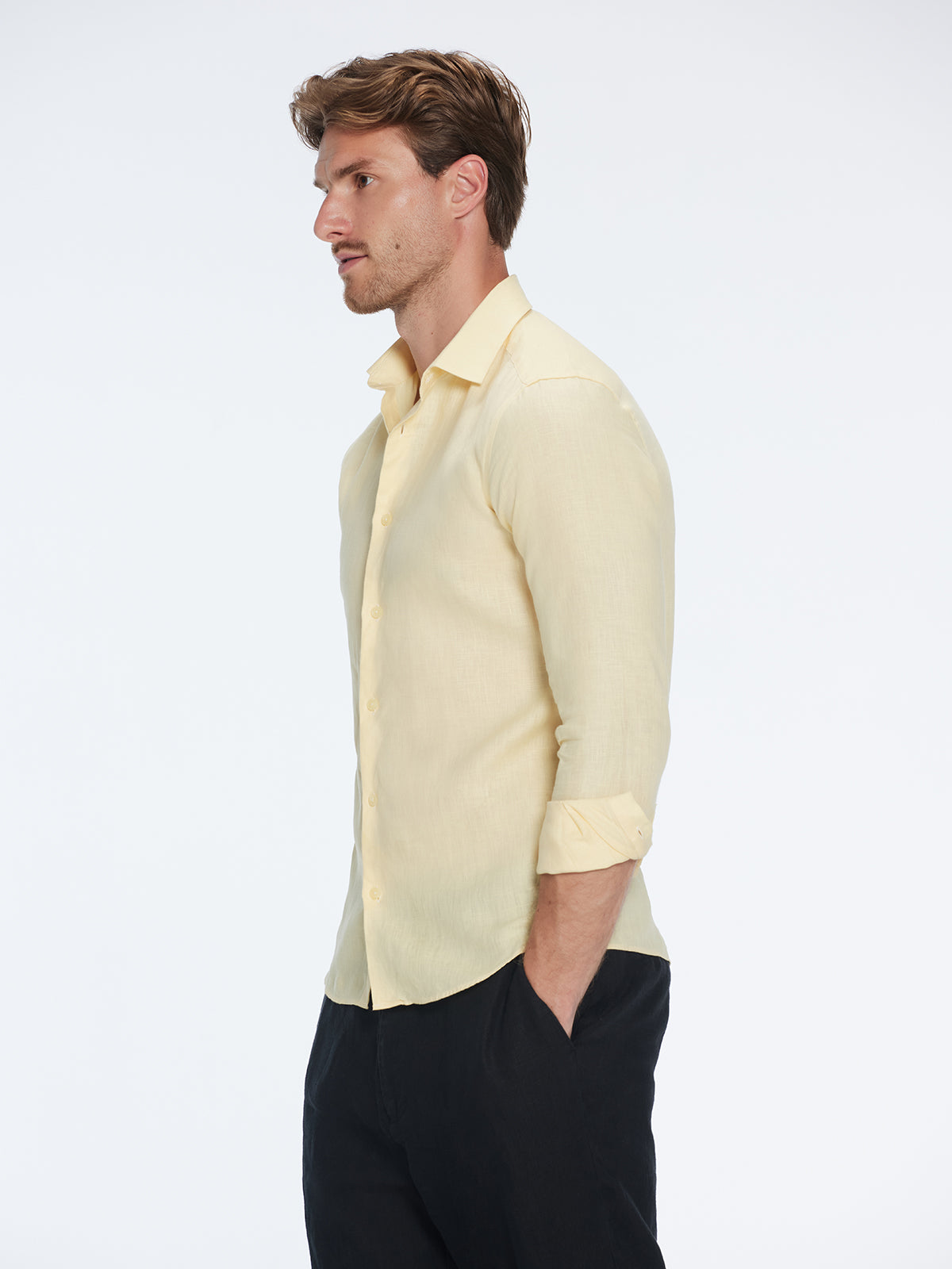 James Yellow Linen Slim-Fit Shirt | Moeva | Shirt | Each week unveils new pieces—luxury swimwear, fluid resort silhouettes, and elevated summer-to-evening essentials designed to carry you from coastal escapes to city nights.