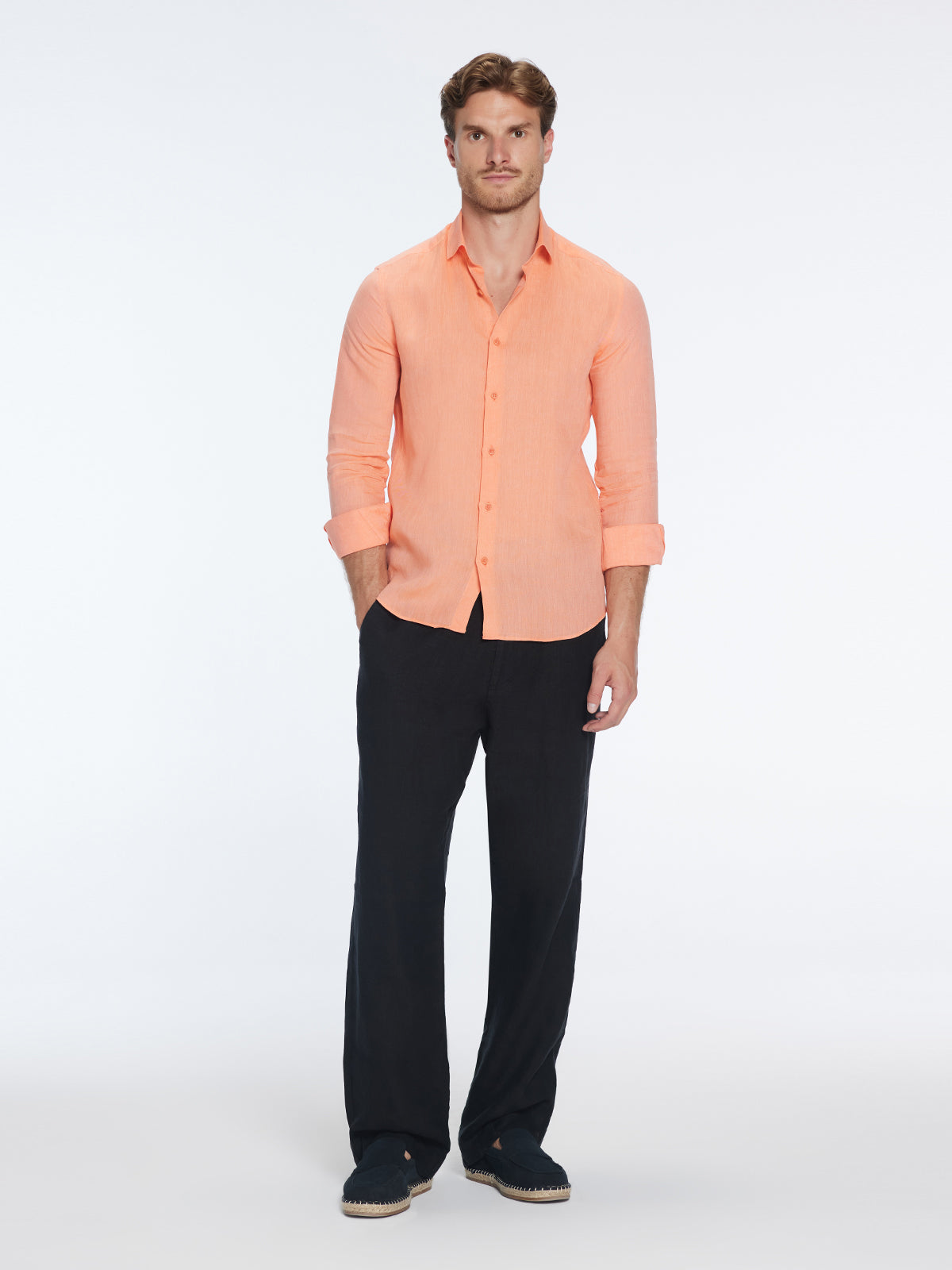 James Orange Linen Slim-Fit Shirt | Moeva | Shirt | Each week unveils new pieces—luxury swimwear, fluid resort silhouettes, and elevated summer-to-evening essentials designed to carry you from coastal escapes to city nights.